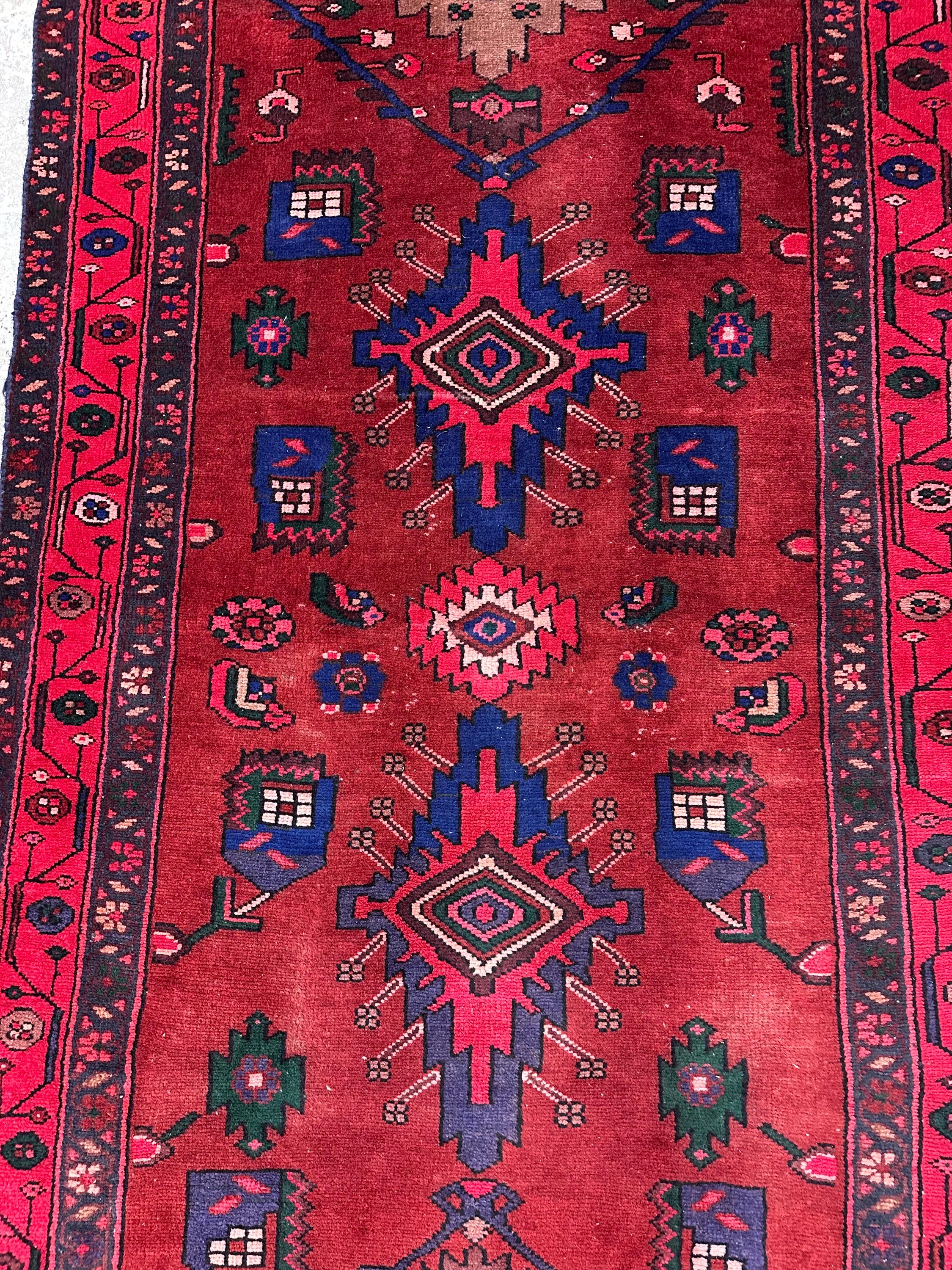 Vintage Hand Knotted Persian Tribal Geometric Pink, Red and Blue Runner Rug