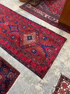 Vintage Hand Knotted Persian Tribal Geometric Pink, Red and Blue Runner Rug