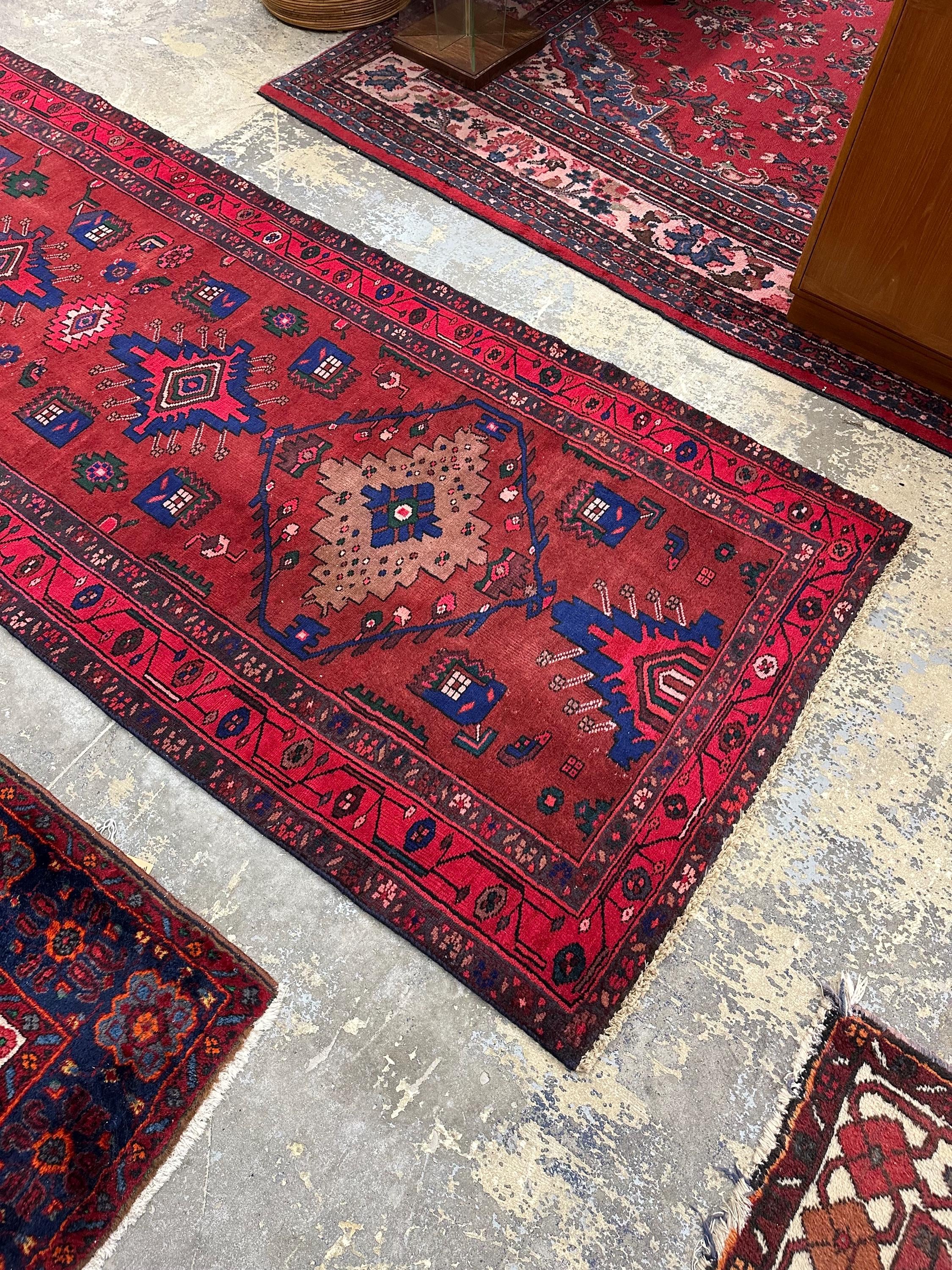 Vintage Hand Knotted Persian Tribal Geometric Pink, Red and Blue Runner Rug