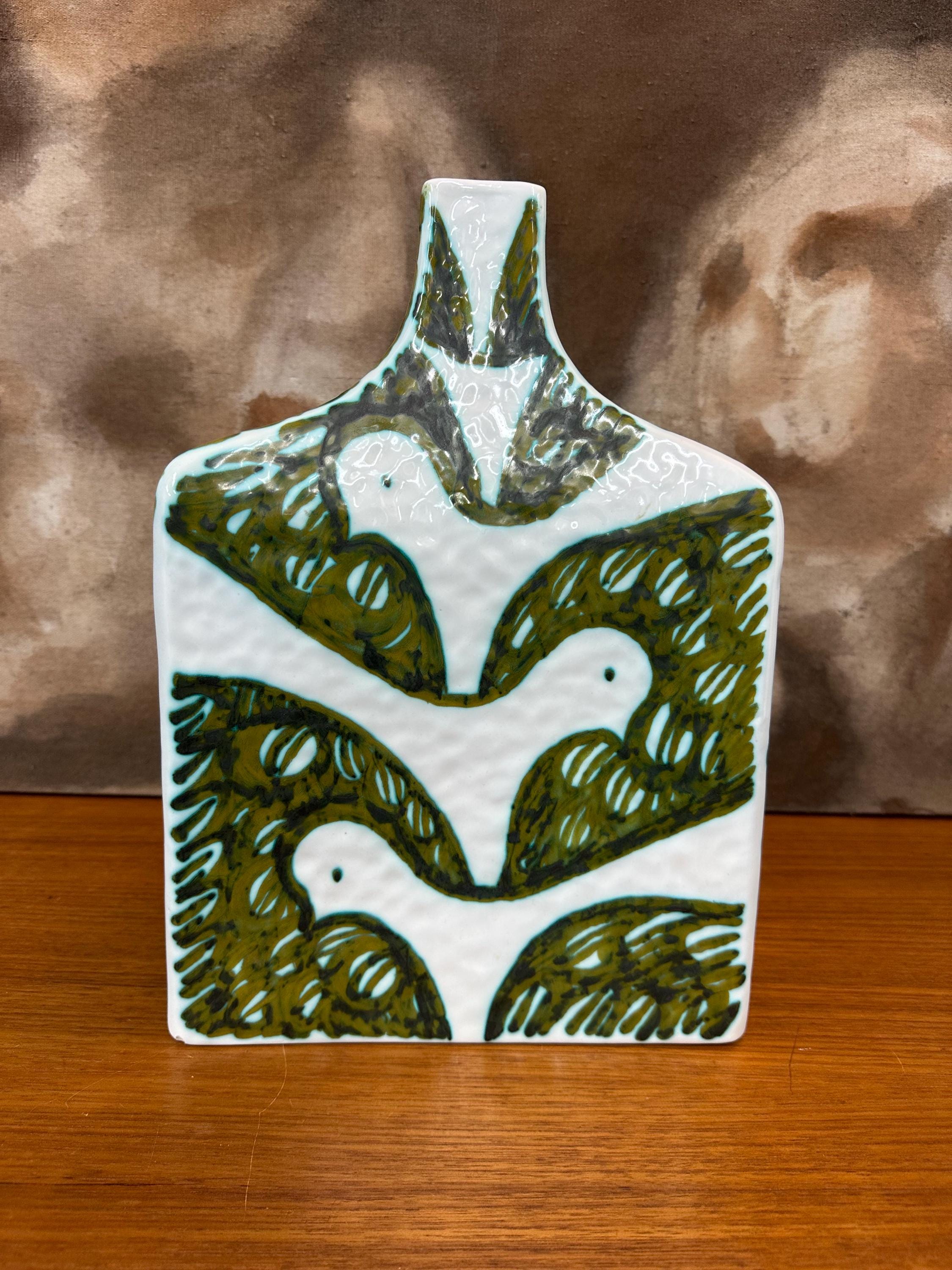 Alessio Tasca Large Green & White Fish Dove Vase for Raymor Italy MCM
