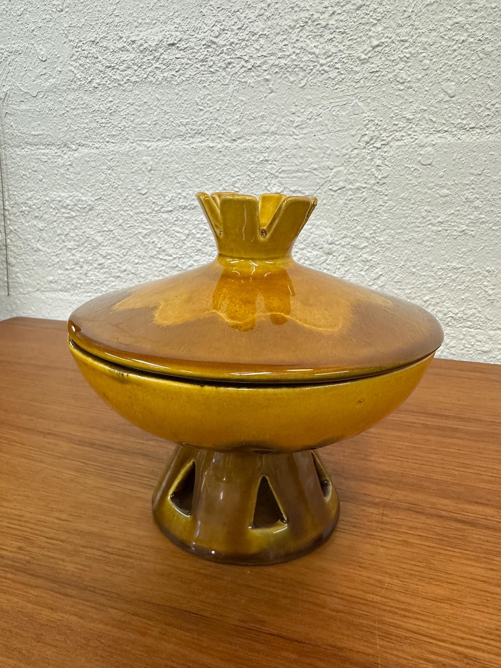 Vintage Royal Haeger Atomic MCM Yellow and Brown Glaze 707-S Footed Lidded Compote Dish