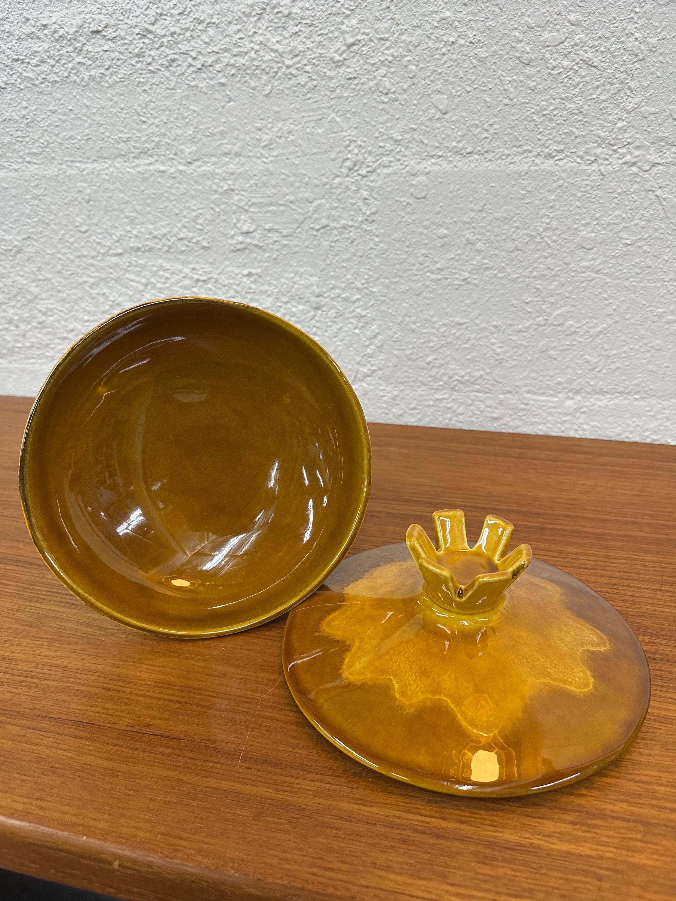 Vintage Royal Haeger Atomic MCM Yellow and Brown Glaze 707-S Footed Lidded Compote Dish