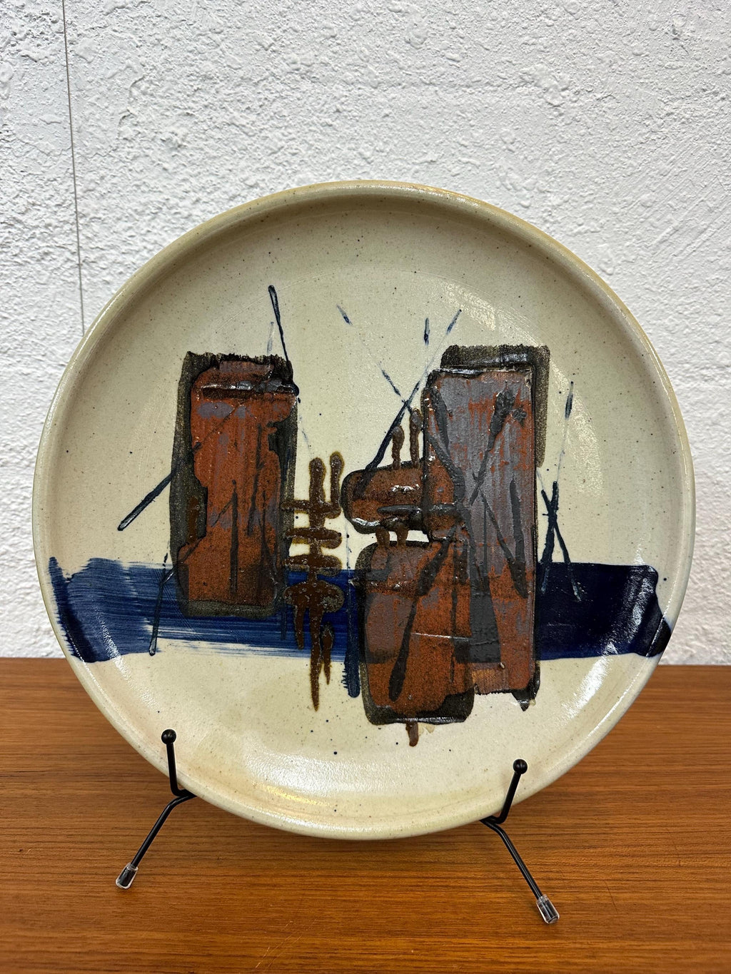 Mid Century Modern Studio Pottery Charger Dish Signed, Abstract Brutalist Design