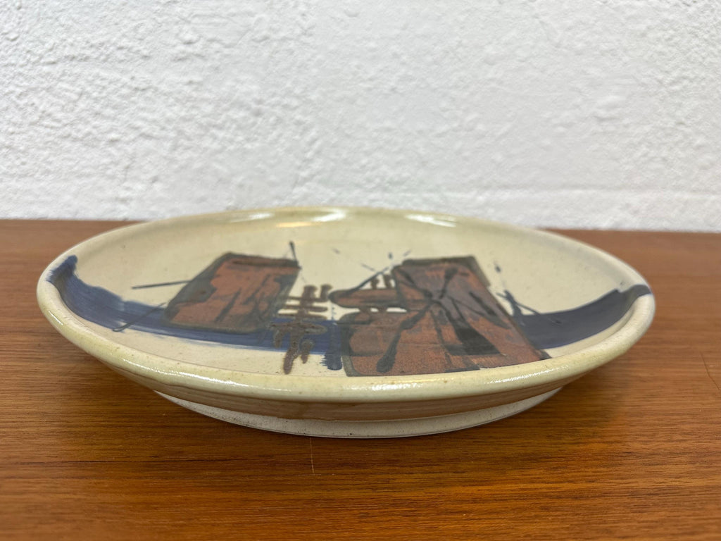 Mid Century Modern Studio Pottery Charger Dish Signed, Abstract Brutalist Design