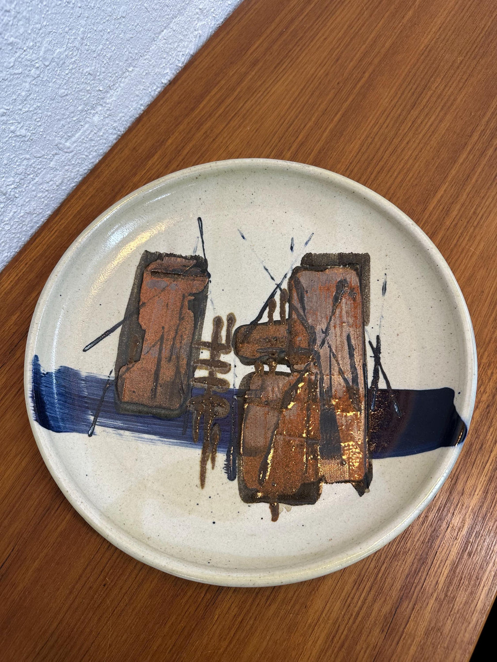 Mid Century Modern Studio Pottery Charger Dish Signed, Abstract Brutalist Design