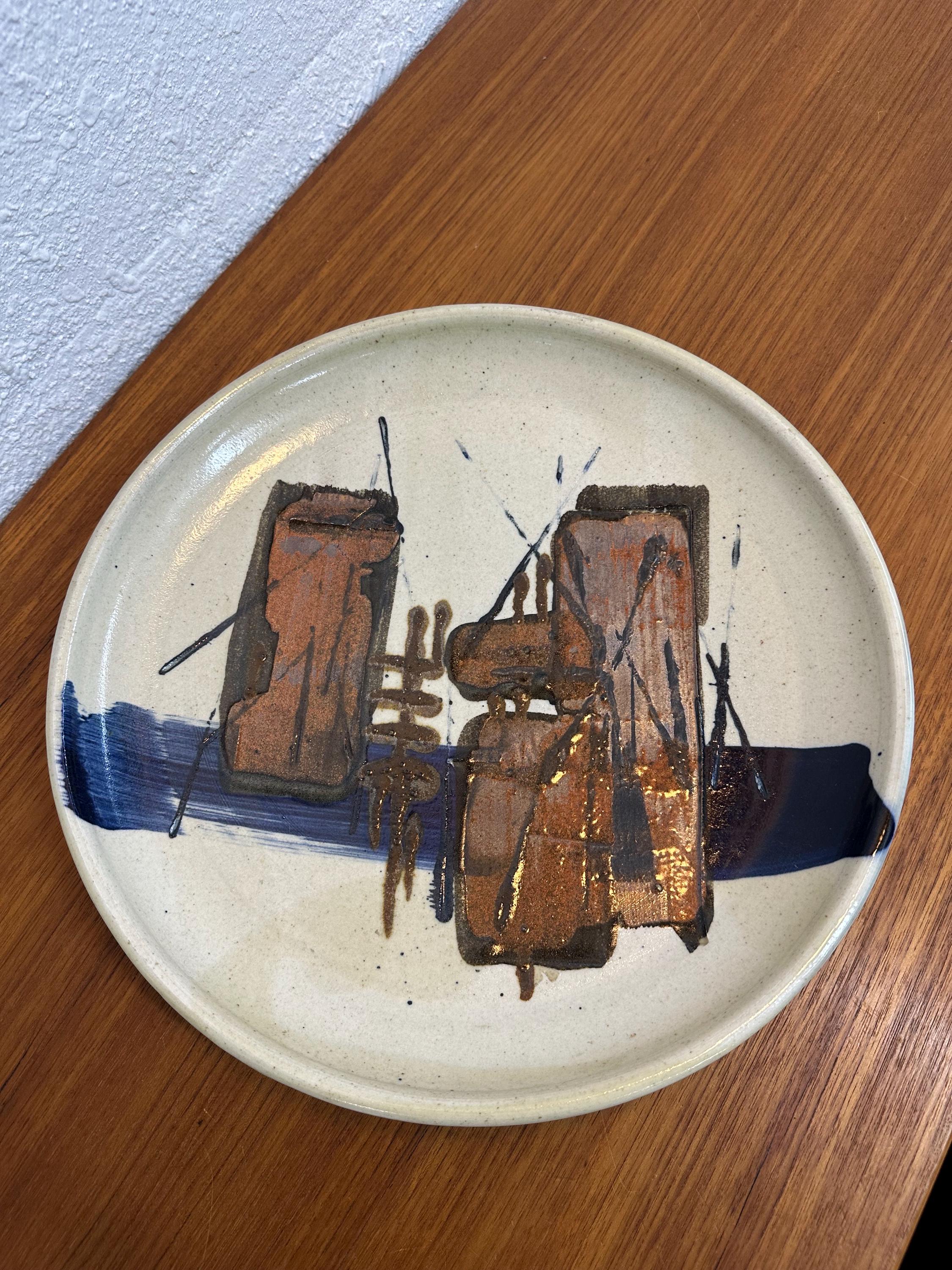 Mid Century Modern Studio Pottery Charger Dish Signed, Abstract Brutalist Design