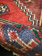Vintage Hand Knotted Turkish Tribal Geometric Rug, Red, Black and Navy 4.2’ x 6.8’