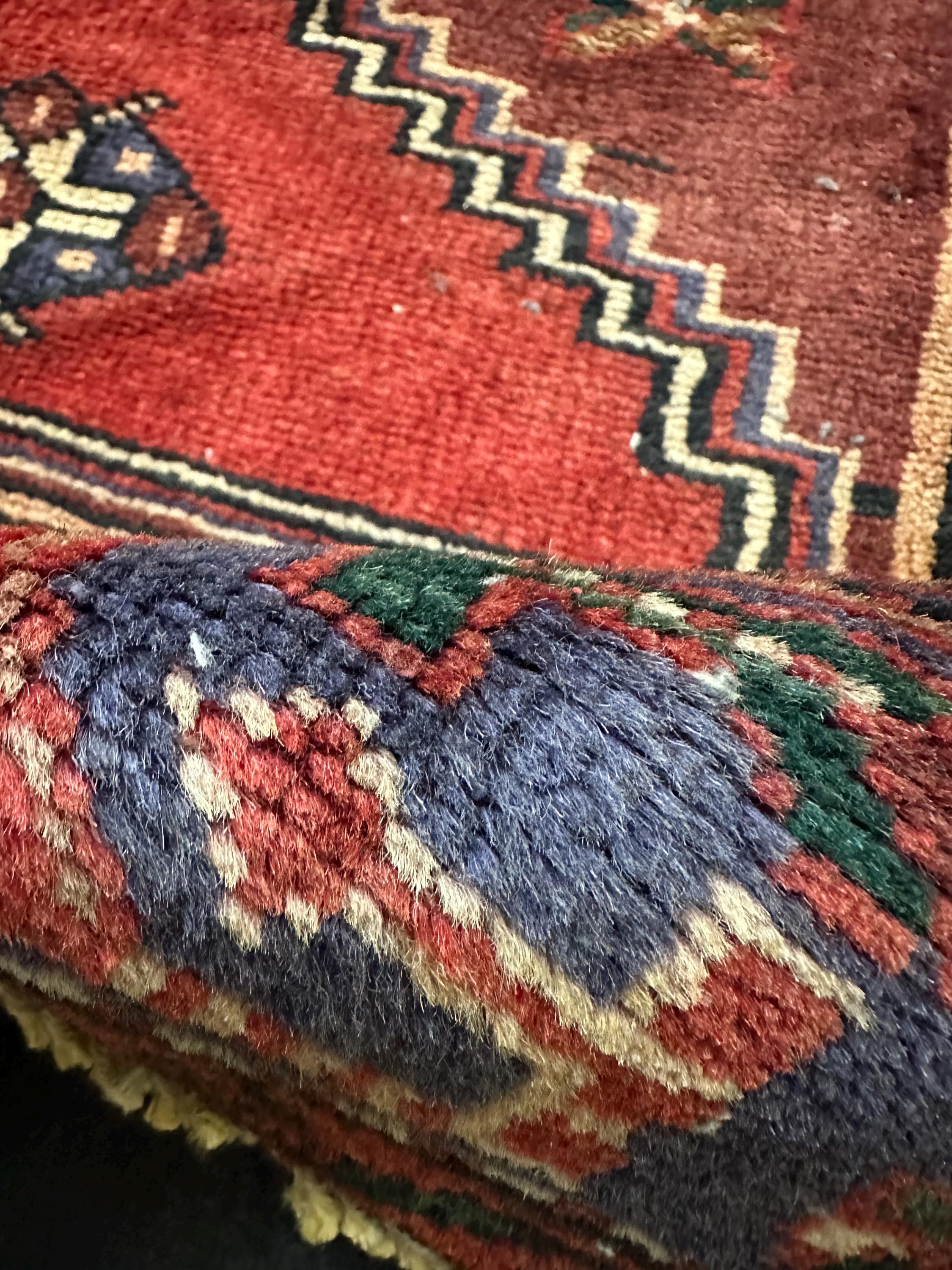 Vintage Hand Knotted Turkish Tribal Geometric Rug, Red, Black and Navy 4.2’ x 6.8’