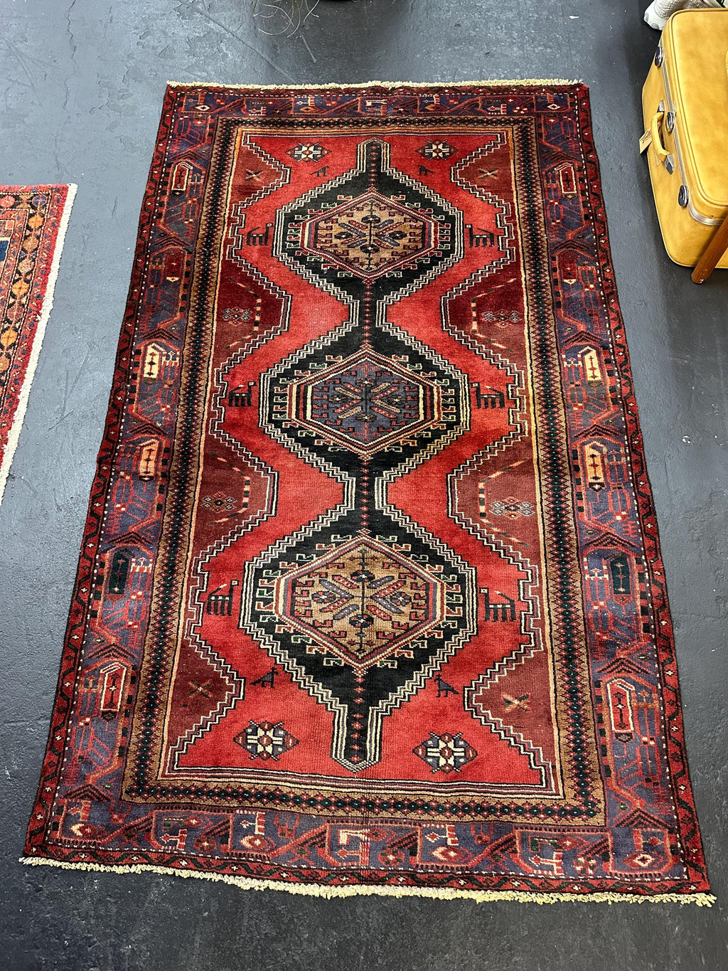 Vintage Hand Knotted Turkish Tribal Geometric Rug, Red, Black and Navy 4.2’ x 6.8’