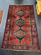 Vintage Hand Knotted Turkish Tribal Geometric Rug, Red, Black and Navy 4.2’ x 6.8’