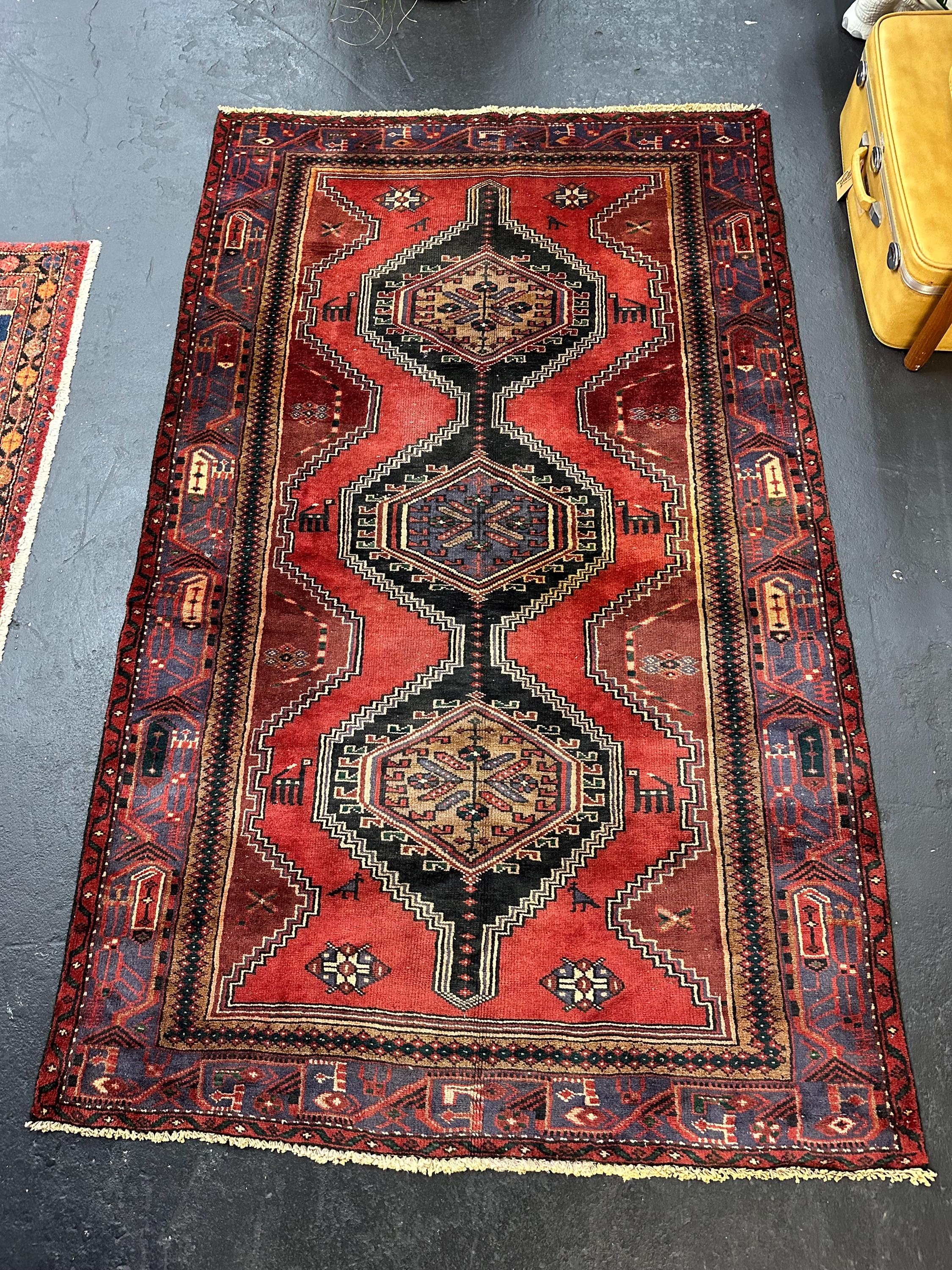 Vintage Hand Knotted Turkish Tribal Geometric Rug, Red, Black and Navy 4.2’ x 6.8’