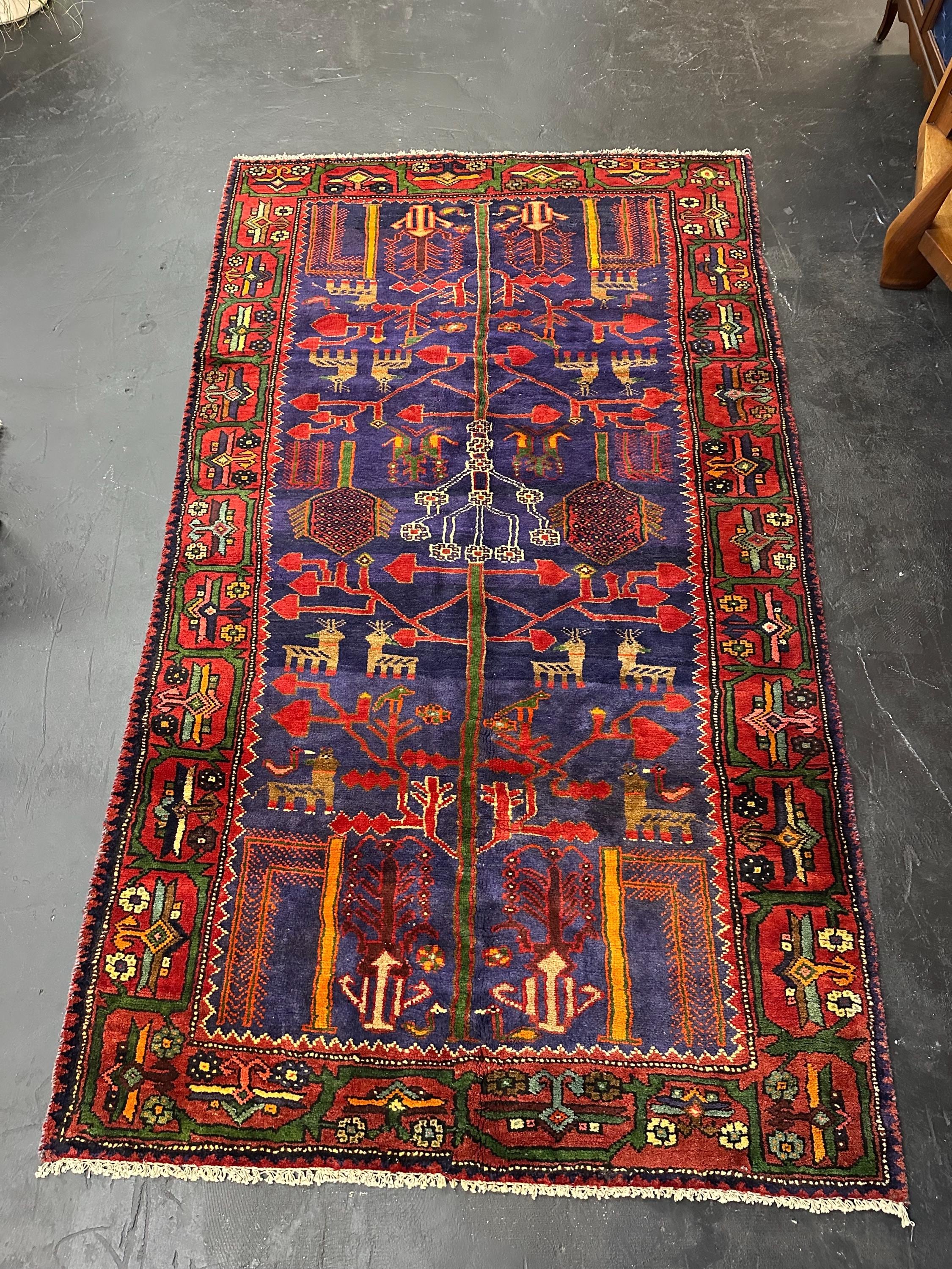 Vintage Hand Knotted Turkish Tribal Tree of Life Geometric Vibrant Rich Red and Cobalt Accent Area Rug 5’ x 8.5’