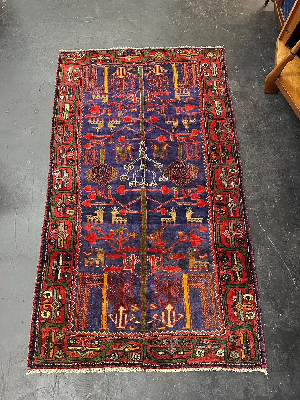 Vintage Hand Knotted Turkish Tribal Tree of Life Geometric Vibrant Rich Red and Cobalt Accent Area Rug 5’ x 8.5’