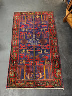 Vintage Hand Knotted Turkish Tribal Tree of Life Geometric Vibrant Rich Red and Cobalt Accent Area Rug 5’ x 8.5’