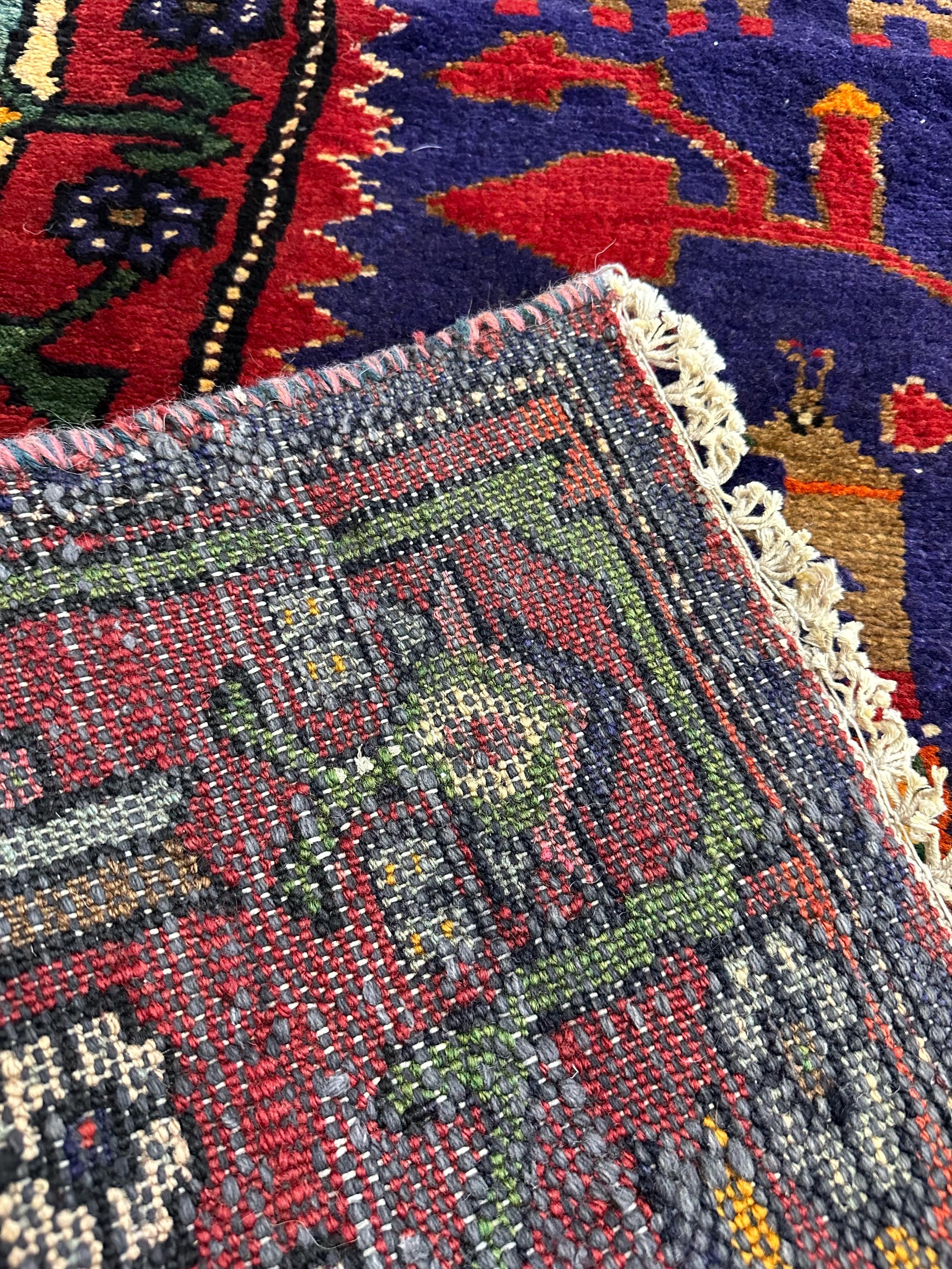 Vintage Hand Knotted Turkish Tribal Tree of Life Geometric Vibrant Rich Red and Cobalt Accent Area Rug 5’ x 8.5’