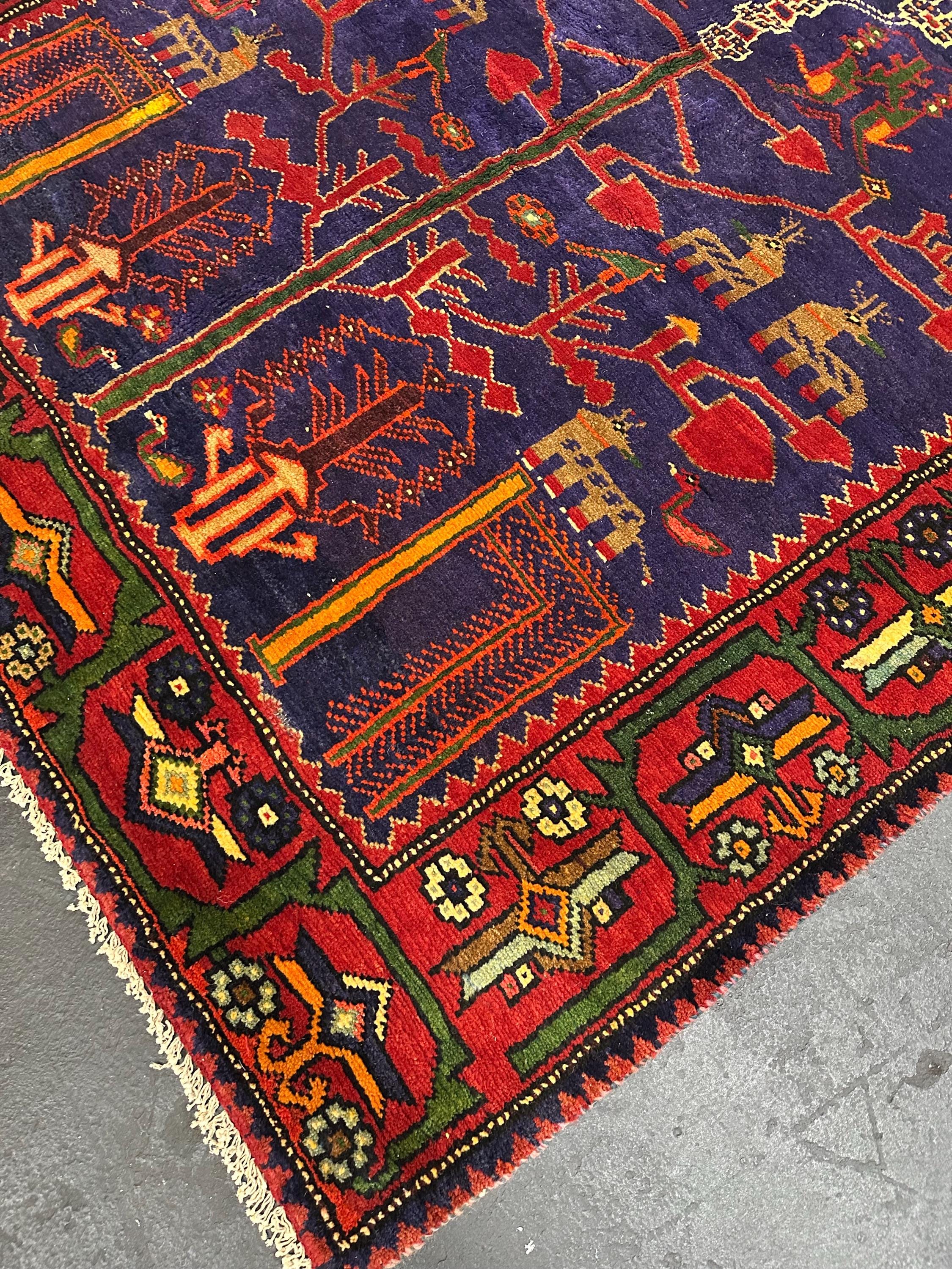 Vintage Hand Knotted Turkish Tribal Tree of Life Geometric Vibrant Rich Red and Cobalt Accent Area Rug 5’ x 8.5’