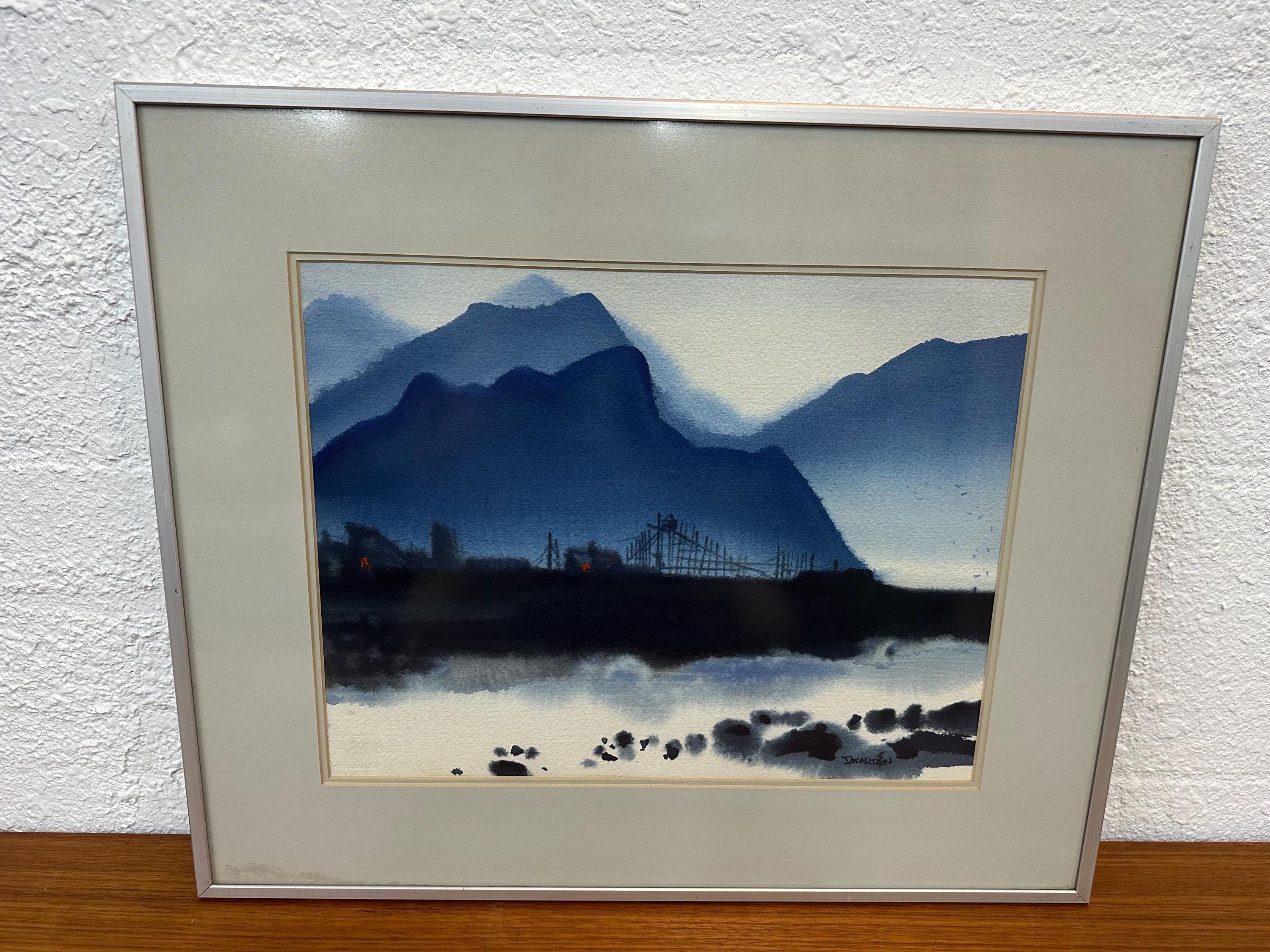 Vintage Mid Century Original Framed Harbor Scene Monochromatic Watercolor Painting