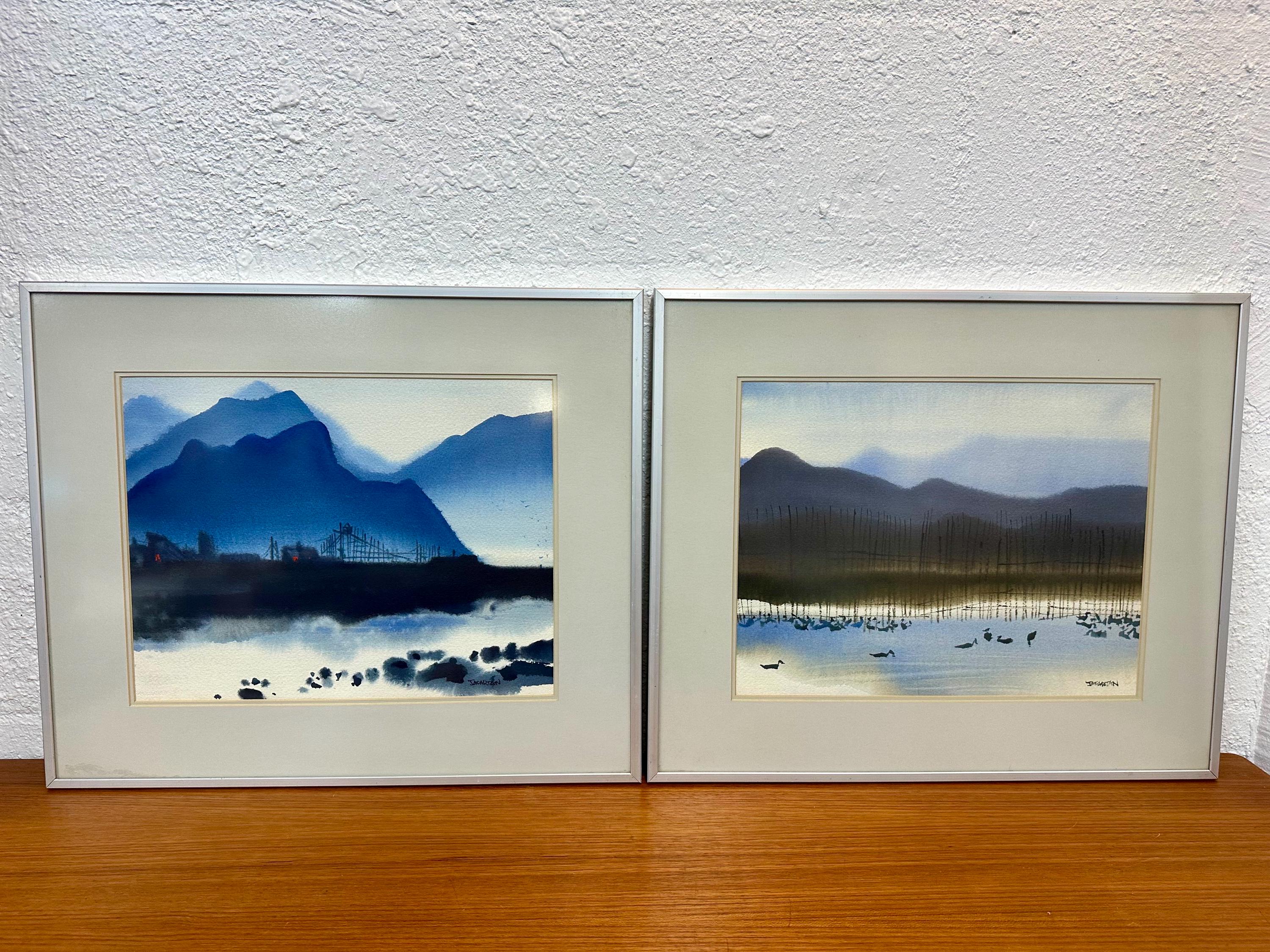 Vintage Mid Century Original Framed Harbor Scene Monochromatic Watercolor Painting