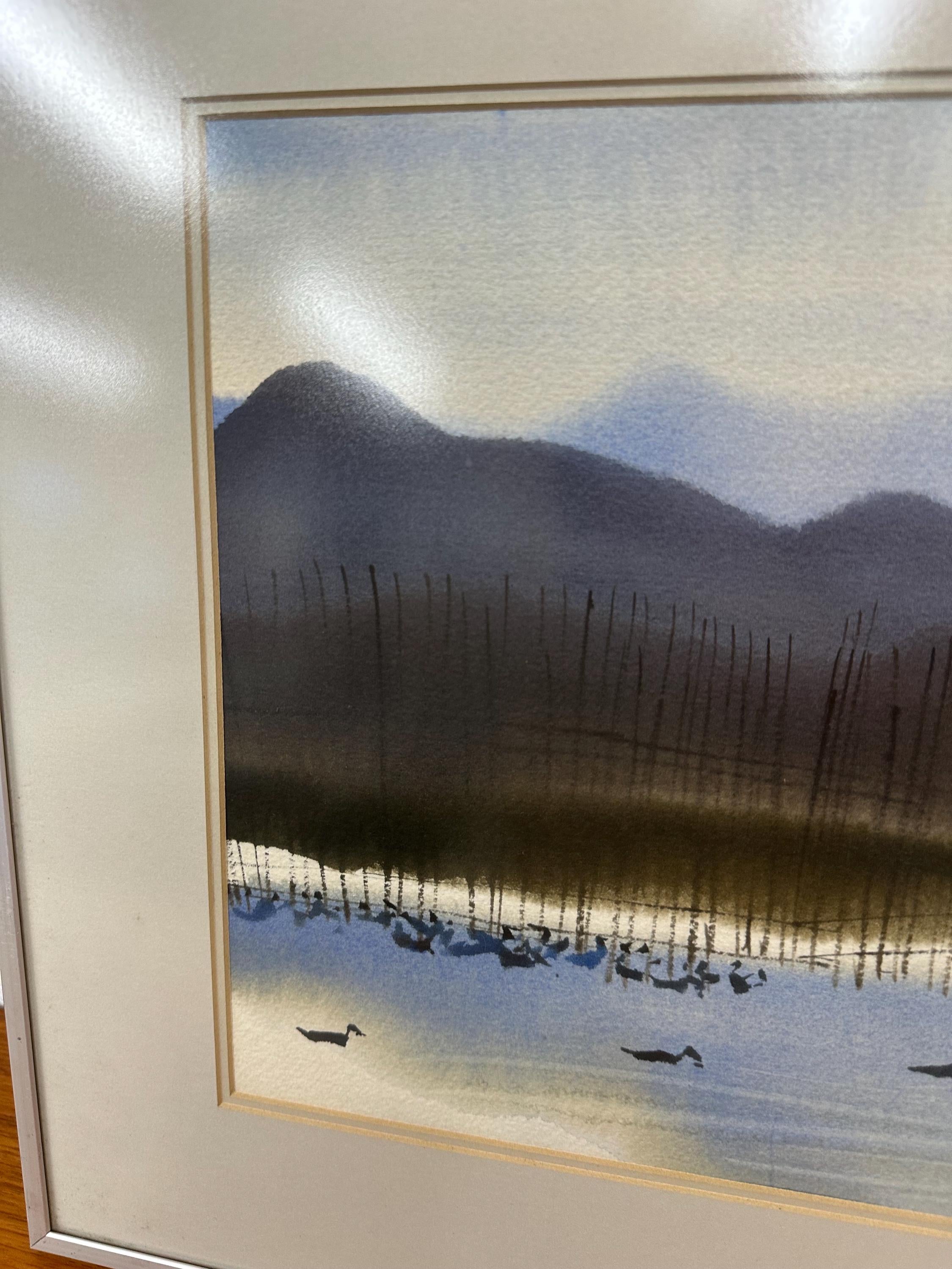 Vintage Mid Century Original Framed Shoreline Forest Monochromatic Watercolor Painting