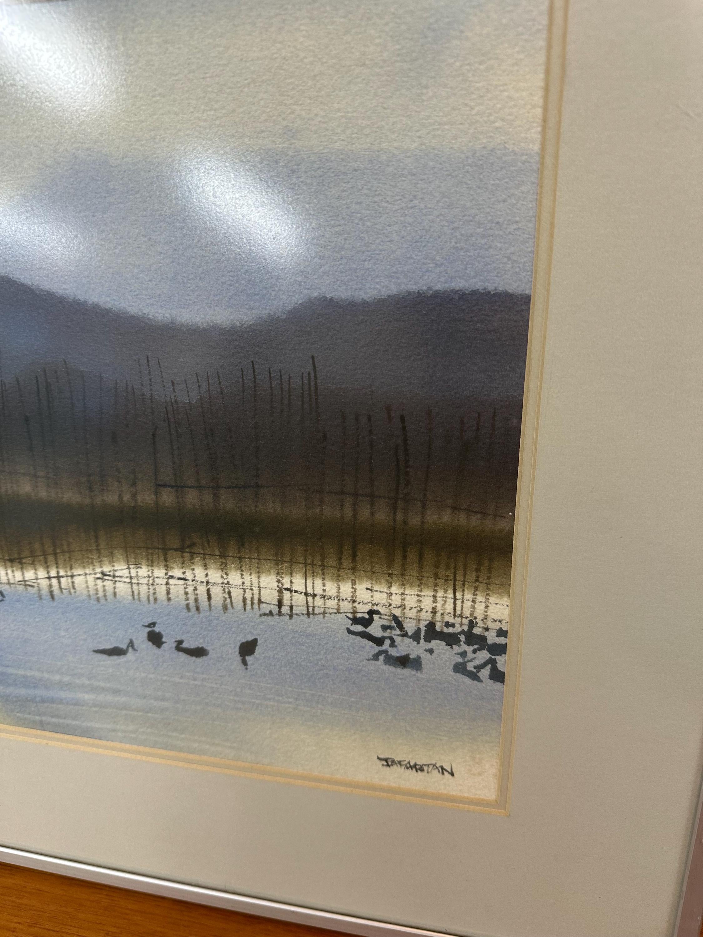 Vintage Mid Century Original Framed Shoreline Forest Monochromatic Watercolor Painting