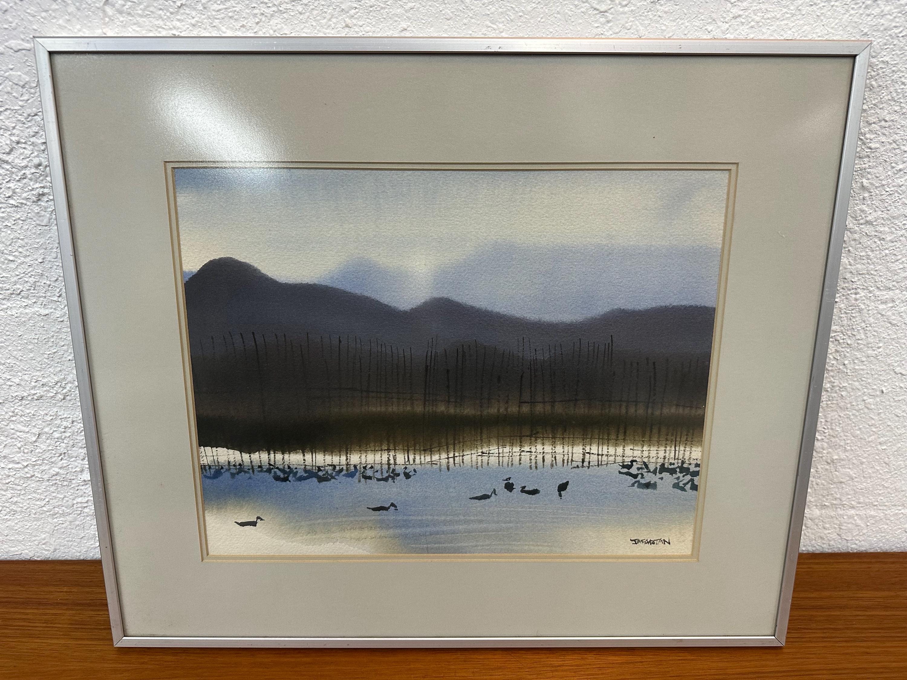 Vintage Mid Century Original Framed Shoreline Forest Monochromatic Watercolor Painting