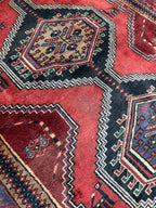 Vintage Hand Knotted Turkish Tribal Geometric Rug, Red, Black and Navy 4.2’ x 6.8’