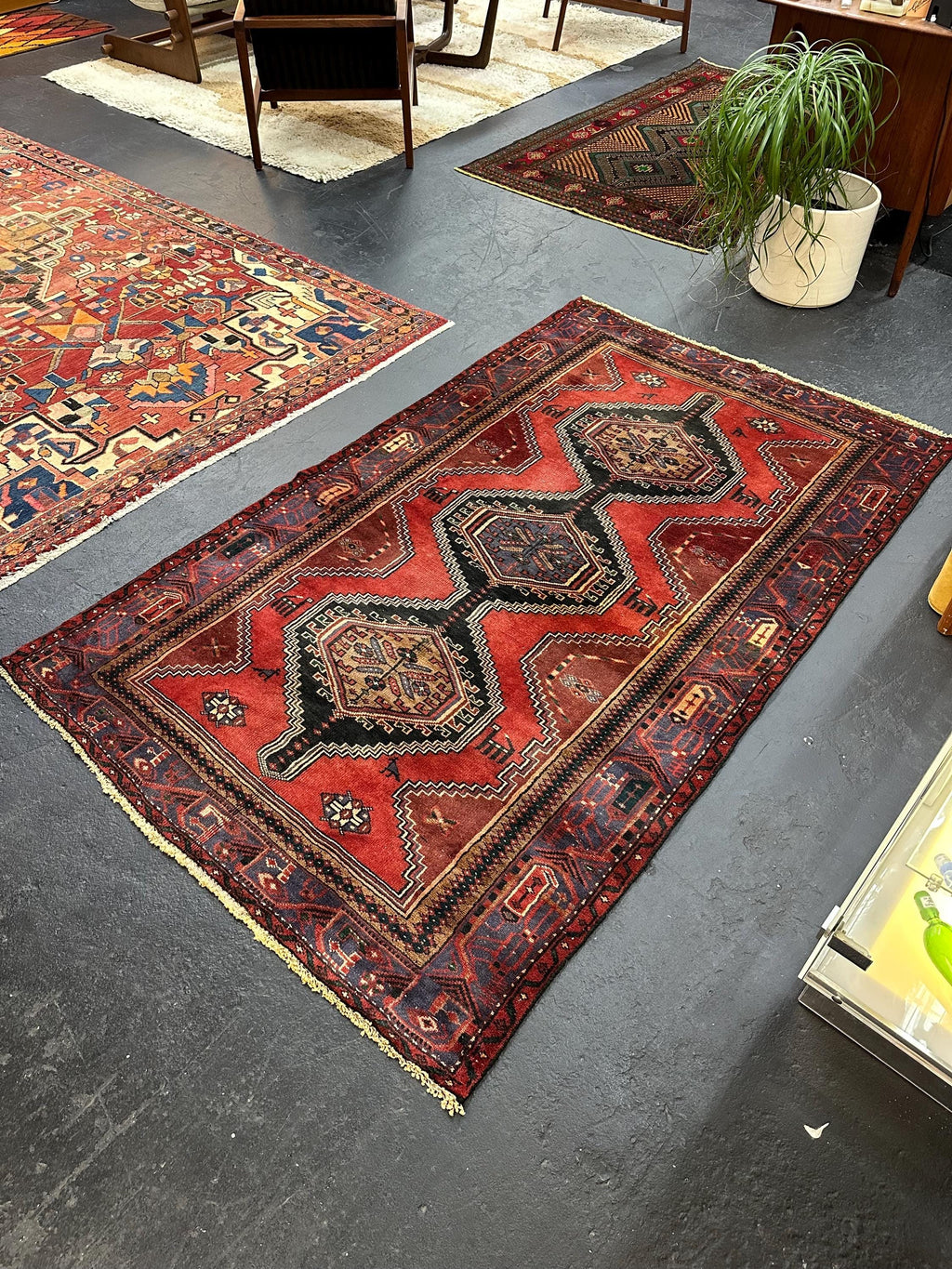 Vintage Hand Knotted Turkish Tribal Geometric Rug, Red, Black and Navy 4.2’ x 6.8’