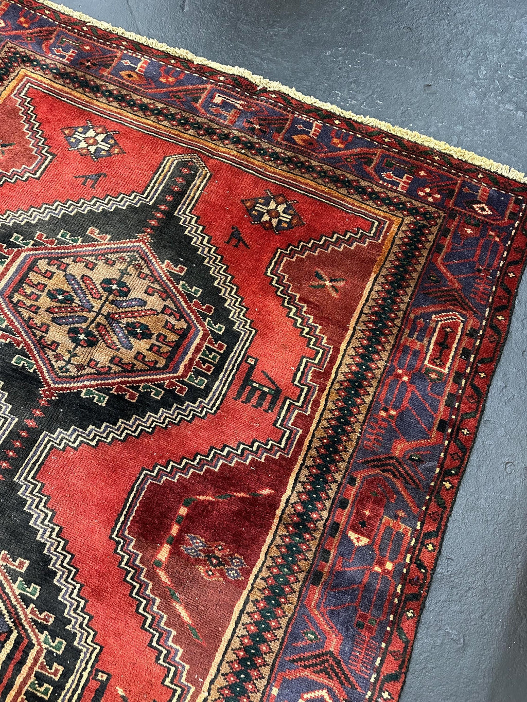 Vintage Hand Knotted Turkish Tribal Geometric Rug, Red, Black and Navy 4.2’ x 6.8’