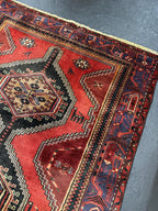 Vintage Hand Knotted Turkish Tribal Geometric Rug, Red, Black and Navy 4.2’ x 6.8’