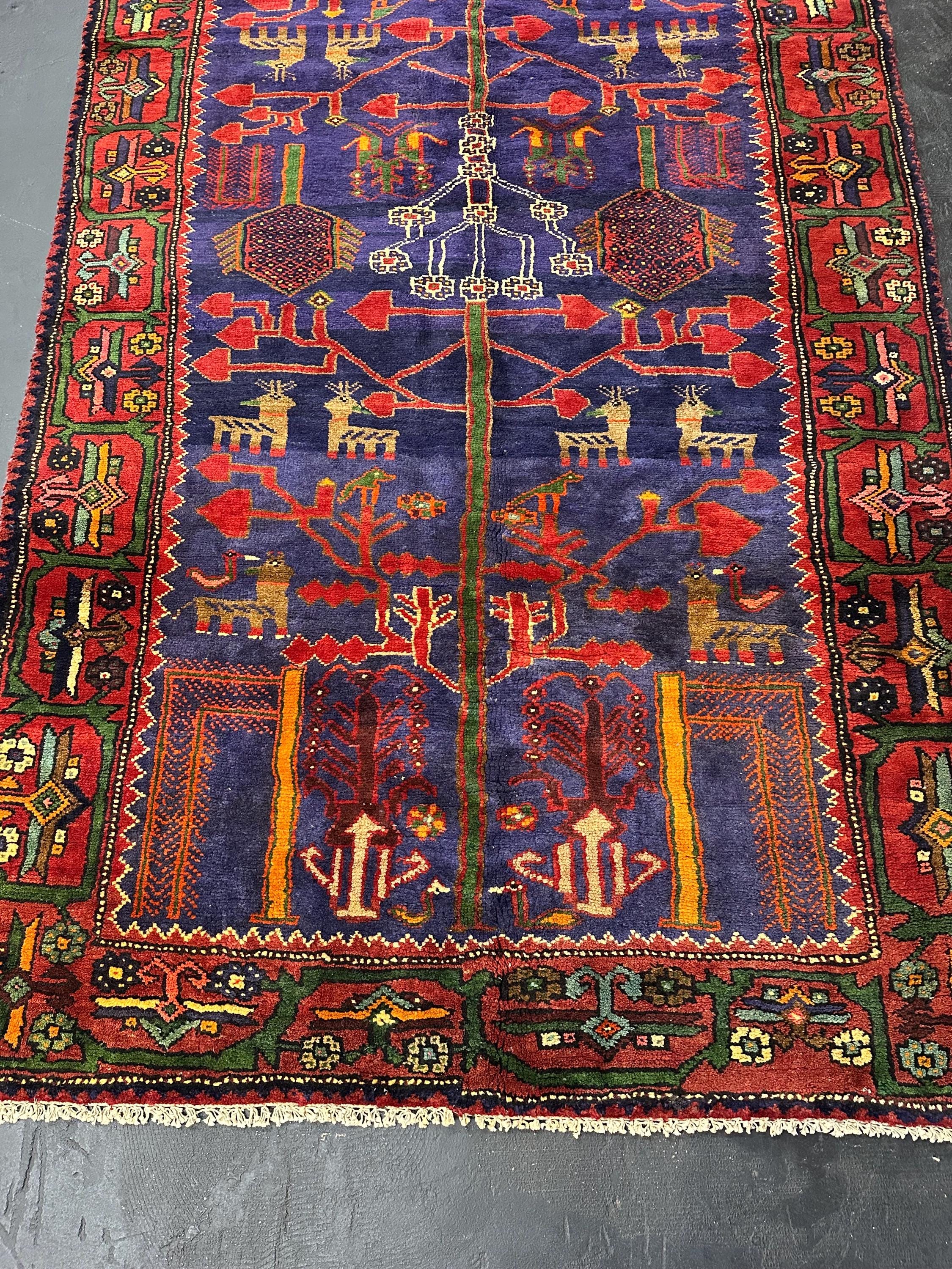 Vintage Hand Knotted Turkish Tribal Tree of Life Geometric Vibrant Rich Red and Cobalt Accent Area Rug 5’ x 8.5’