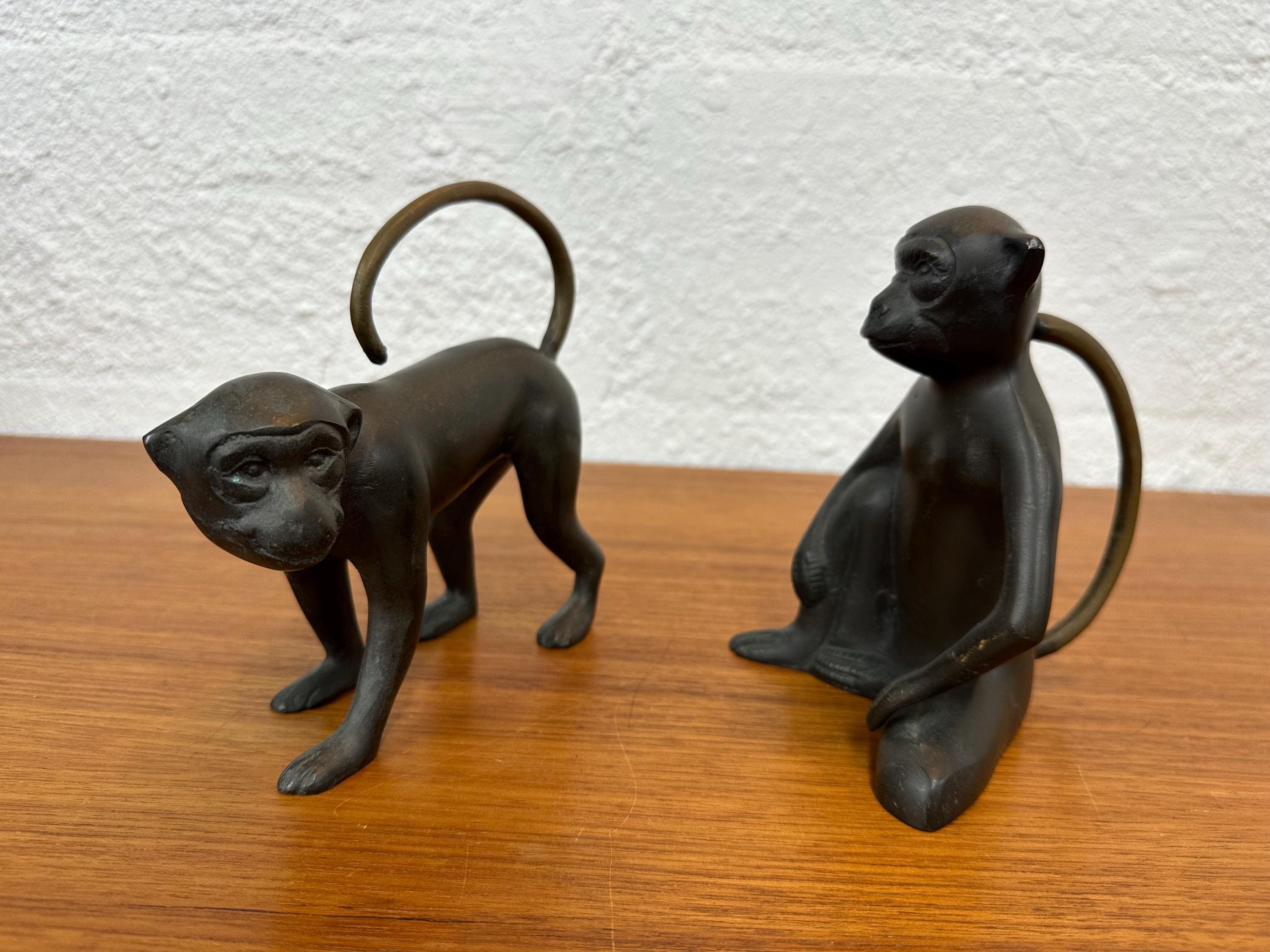 Pair of Vintage Cast Bronze and Brass Monkey Sculpture Figurines