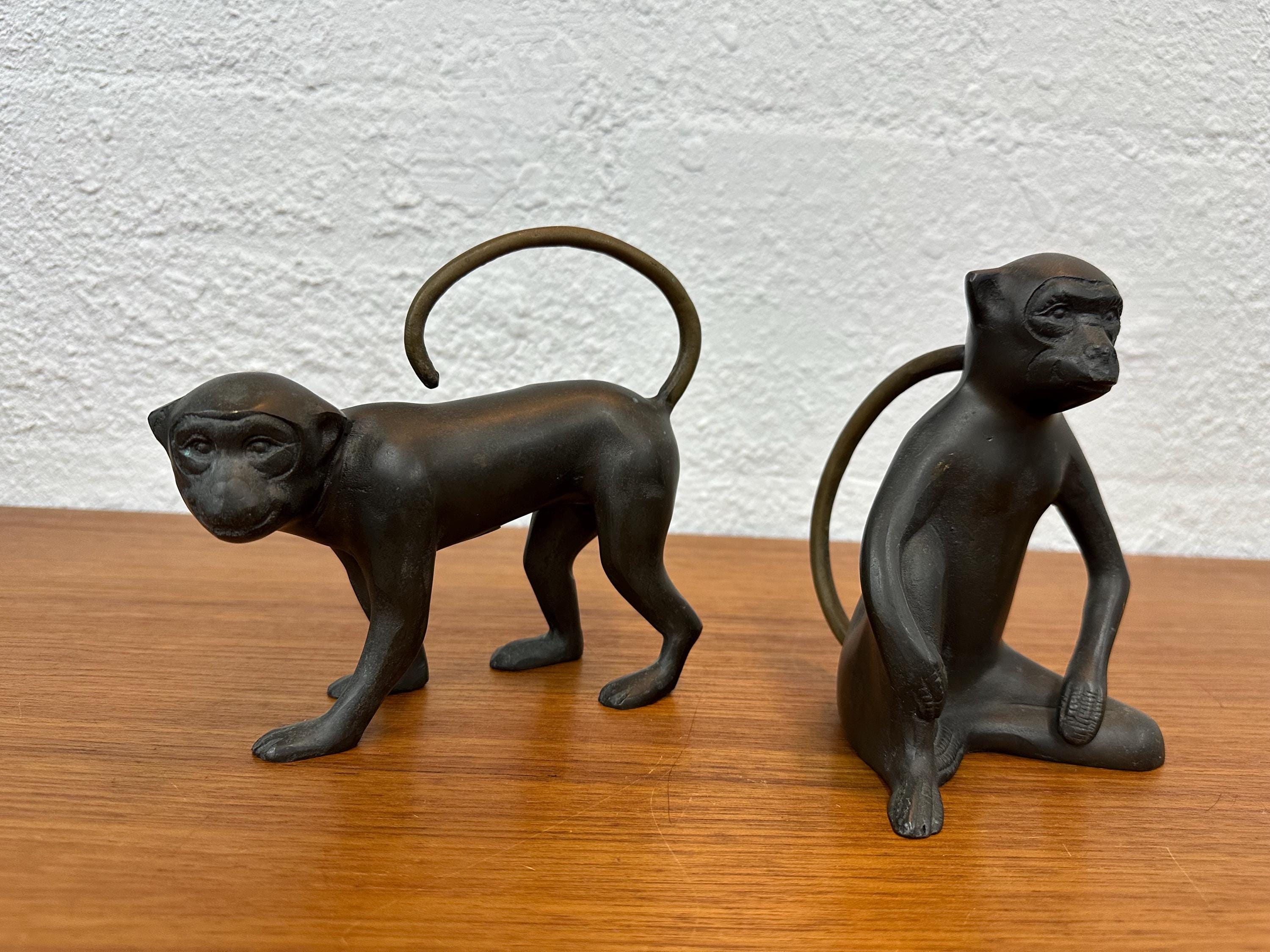 Pair of Vintage Cast Bronze and Brass Monkey Sculpture Figurines