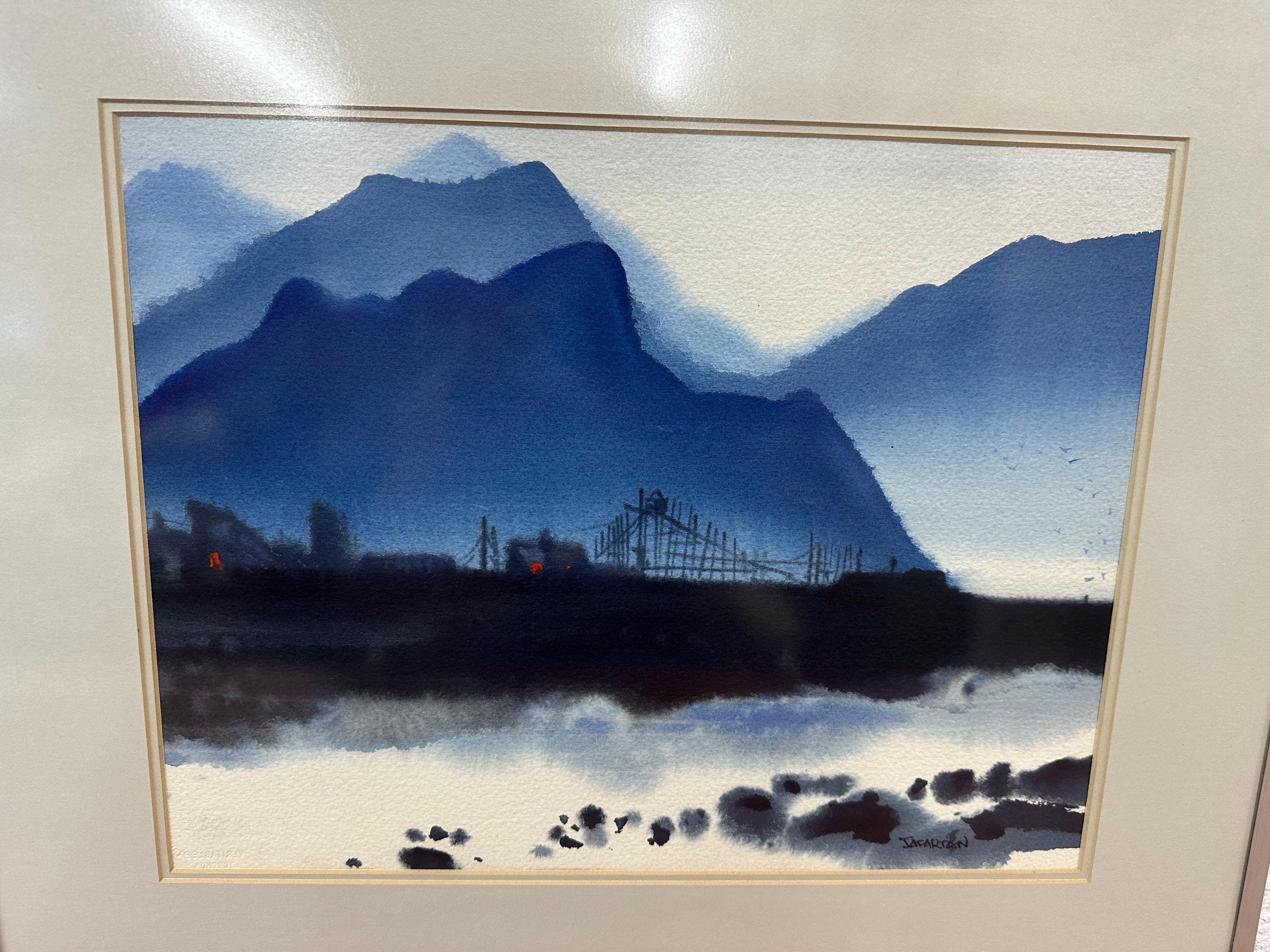 Vintage Mid Century Original Framed Harbor Scene Monochromatic Watercolor Painting