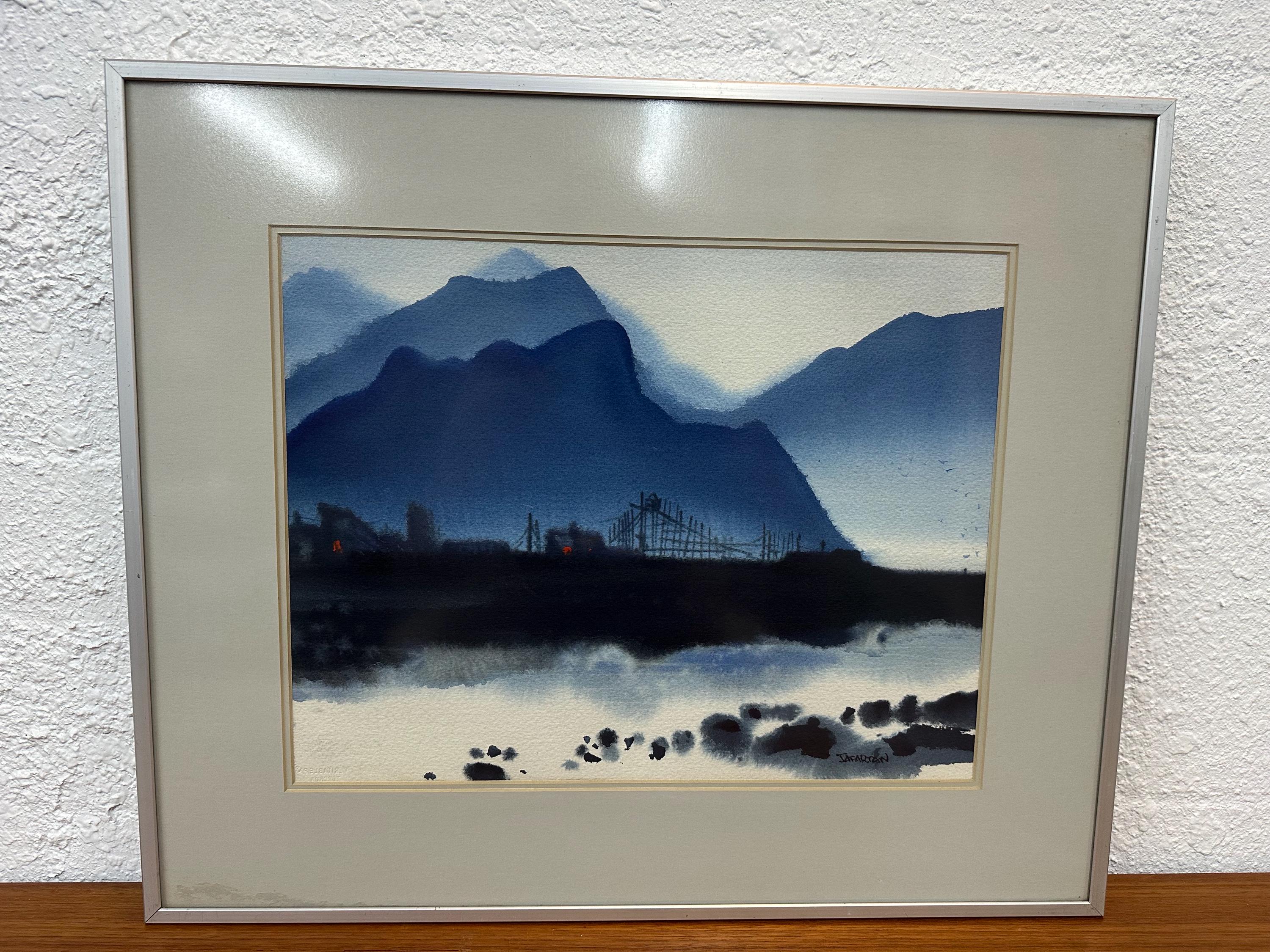 Vintage Mid Century Original Framed Harbor Scene Monochromatic Watercolor Painting