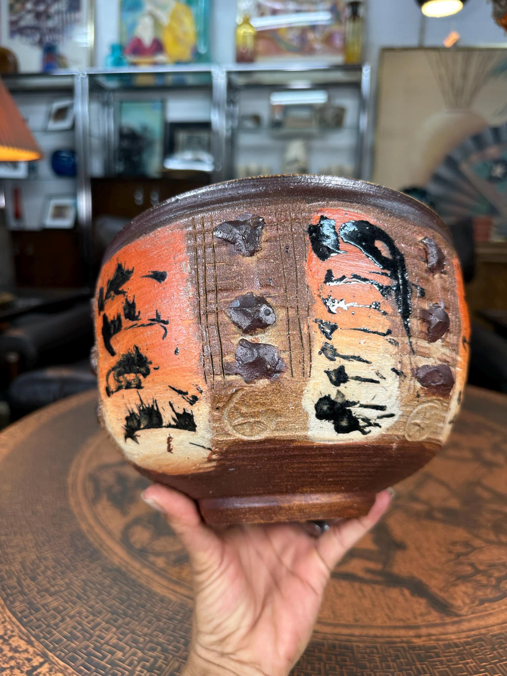 Otto Heino California Studio Pottery Bowl, Orange Brown and Cream
