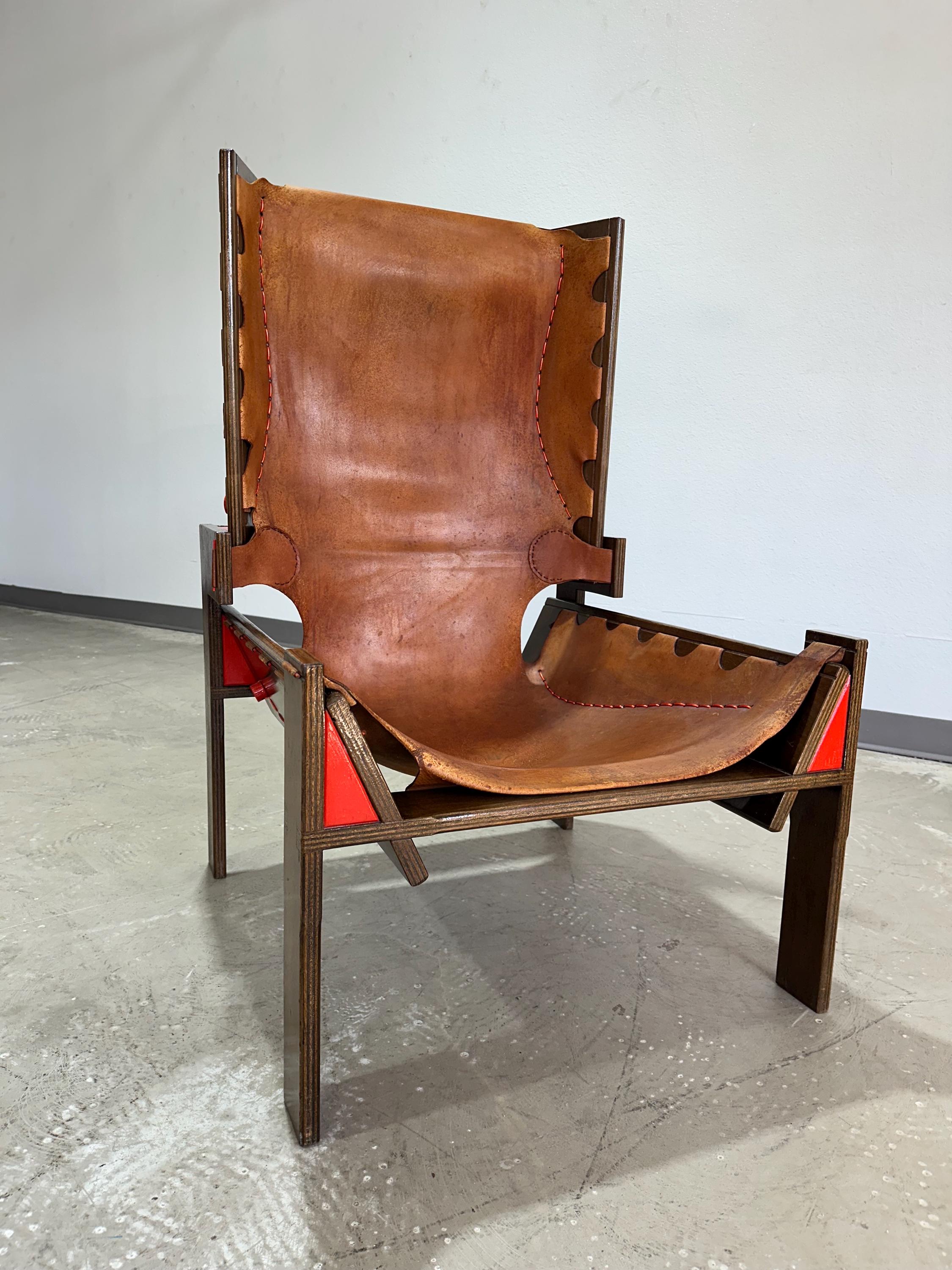 Mid Century Modernist Hand Crafted Leather and Wood Shelter Chair, One of a Kind