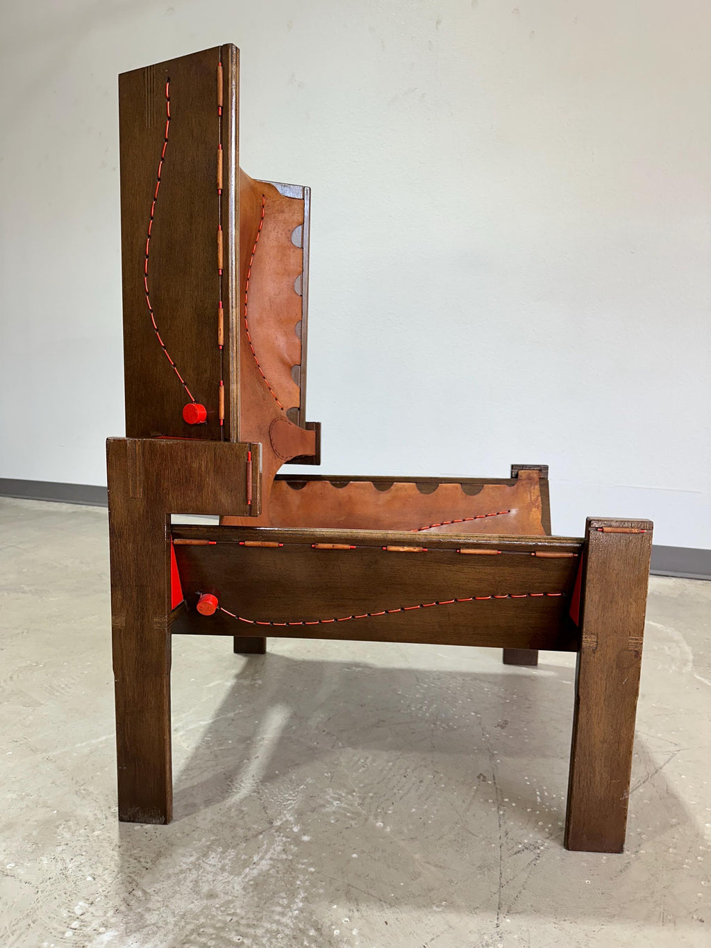 Mid Century Modernist Hand Crafted Leather and Wood Shelter Chair, One of a Kind