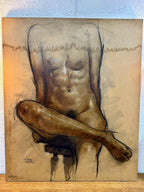 Large Vintage Original Nude Female Form Study, Charcoal Sketch on Canvas