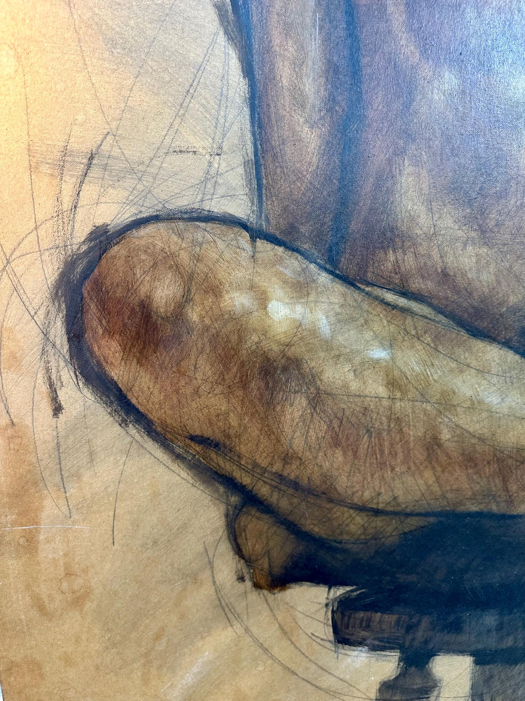 Large Vintage Original Nude Female Form Study, Charcoal Sketch on Canvas
