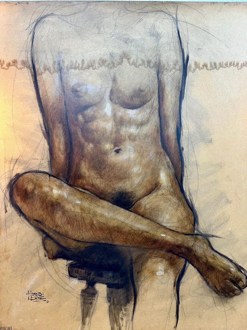 Large Vintage Original Nude Female Form Study, Charcoal Sketch on Canvas