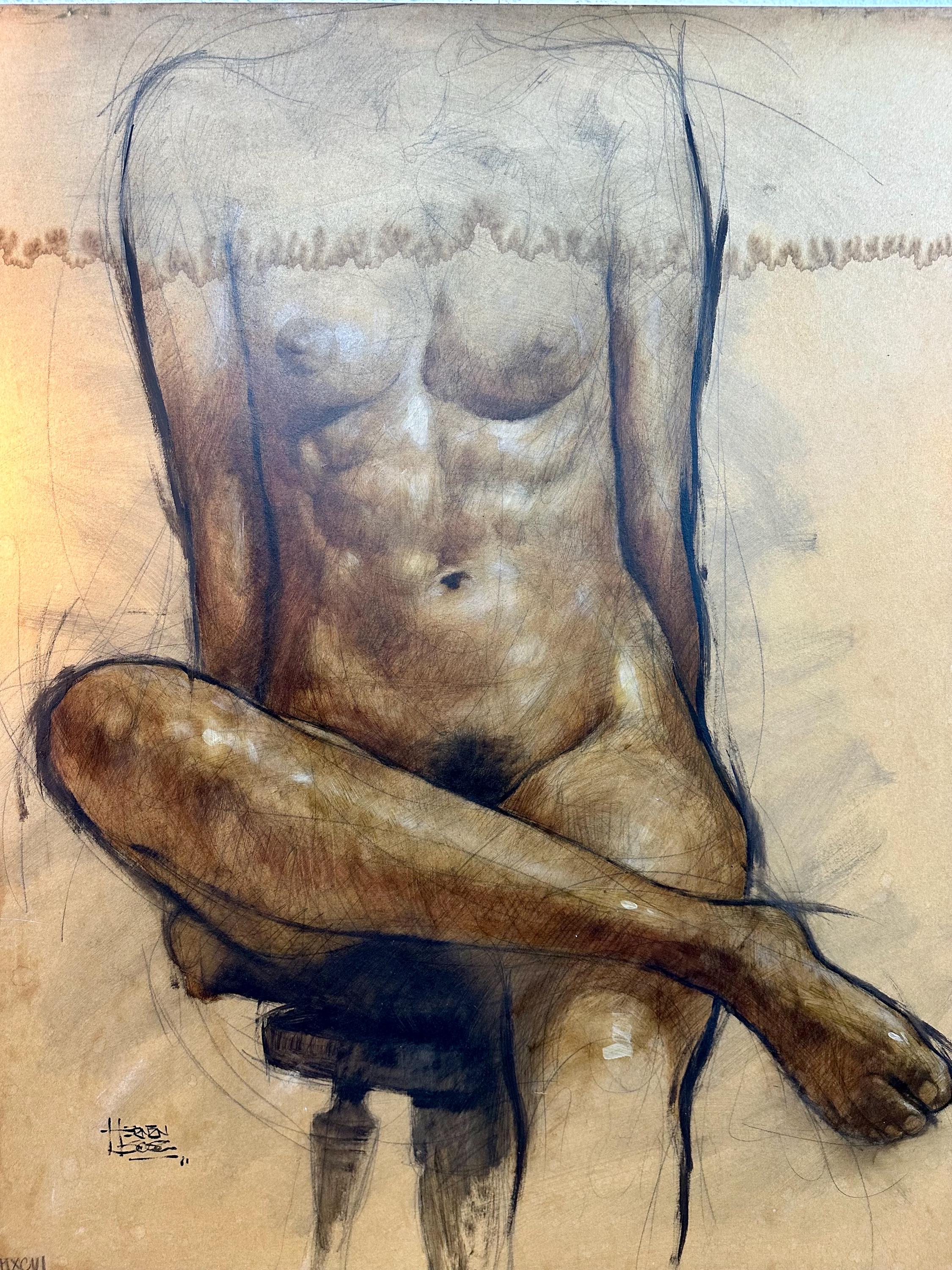 Large Vintage Original Nude Female Form Study, Charcoal Sketch on Canvas