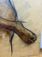 Large Vintage Original Nude Female Form Study, Charcoal Sketch on Canvas