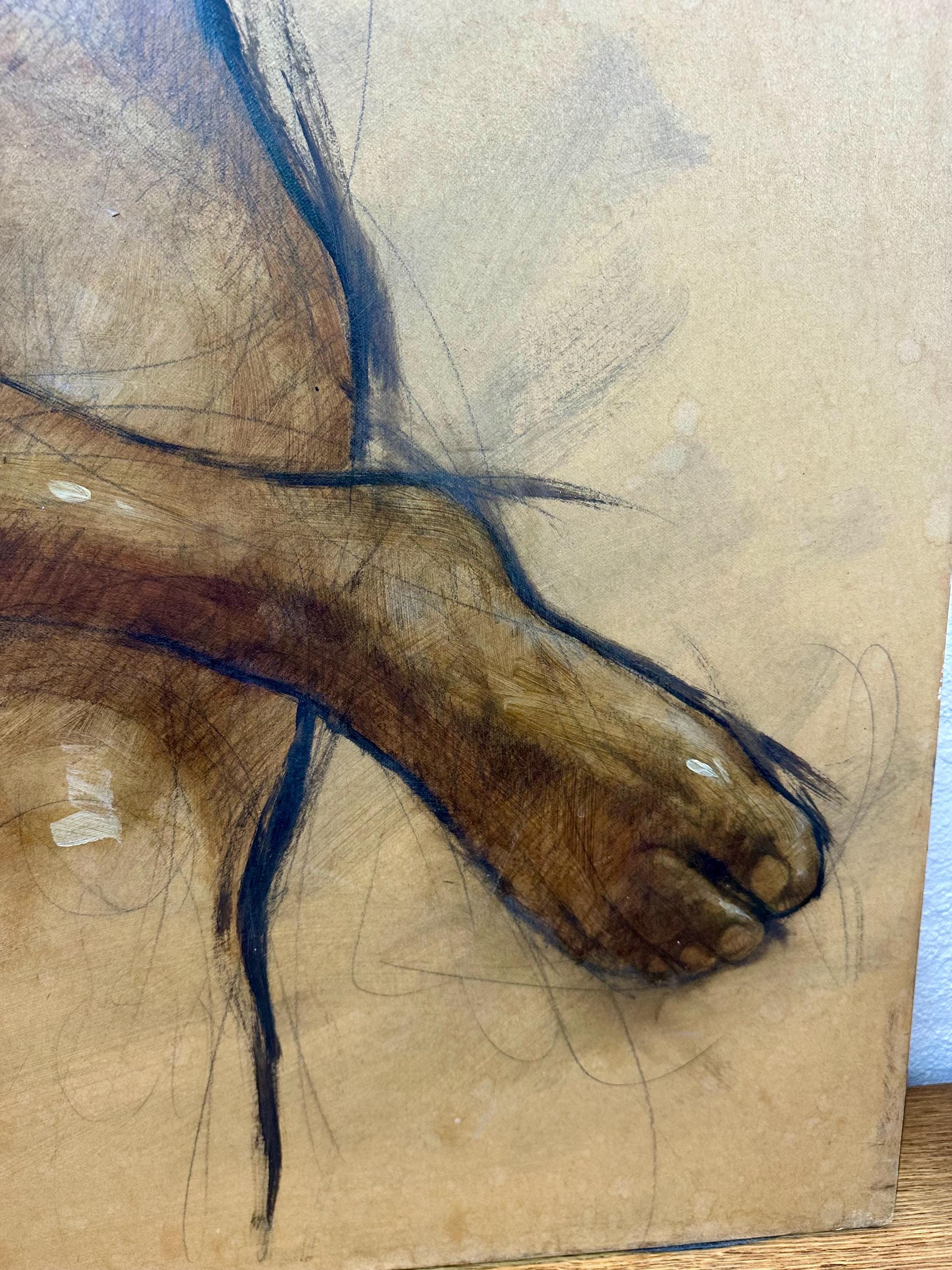 Large Vintage Original Nude Female Form Study, Charcoal Sketch on Canvas