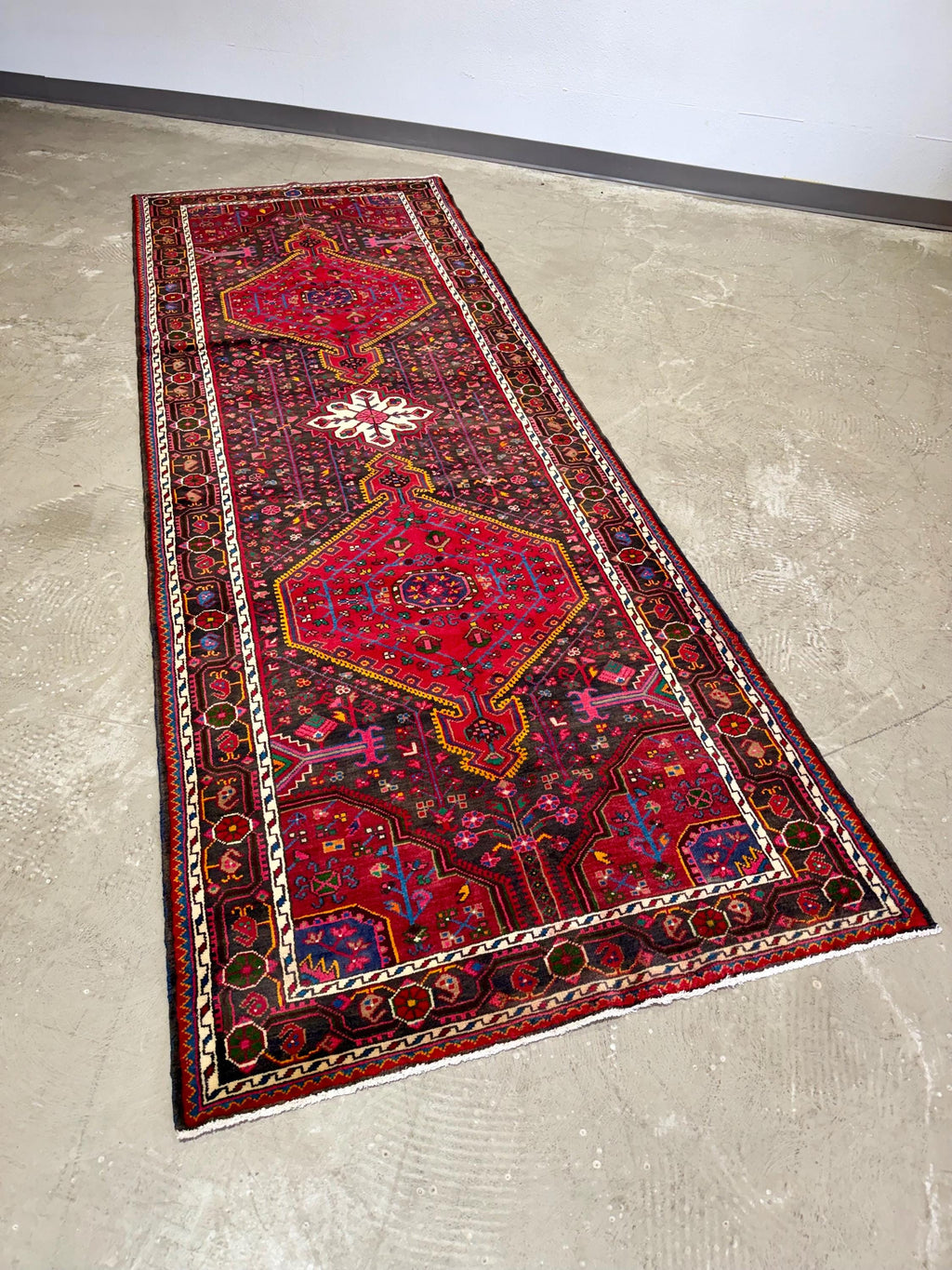 Vintage Hand Knotted Persian Nahavand Geometric Floral Design Large Runner Rug, Pink, Red and Black 12.10’ x 3.10’