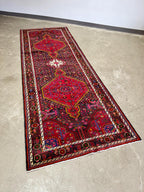 Vintage Hand Knotted Persian Nahavand Geometric Floral Design Large Runner Rug, Pink, Red and Black 12.10’ x 3.10’