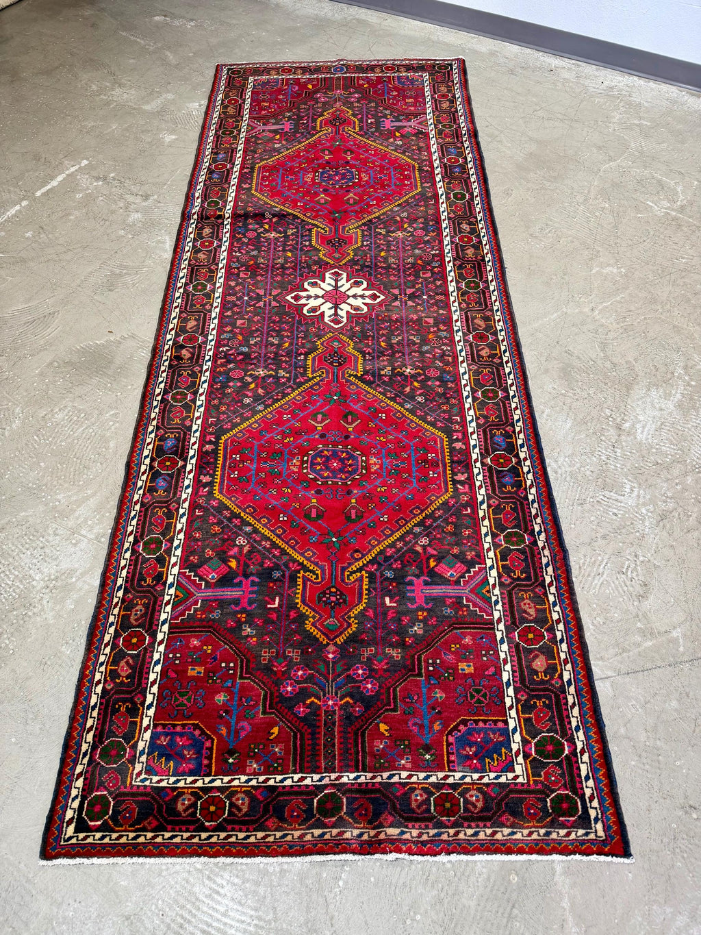 Vintage Hand Knotted Persian Nahavand Geometric Floral Design Large Runner Rug, Pink, Red and Black 12.10’ x 3.10’