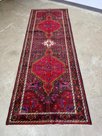 Vintage Hand Knotted Persian Nahavand Geometric Floral Design Large Runner Rug, Pink, Red and Black 12.10’ x 3.10’