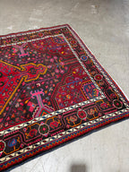 Vintage Hand Knotted Persian Nahavand Geometric Floral Design Large Runner Rug, Pink, Red and Black 12.10’ x 3.10’
