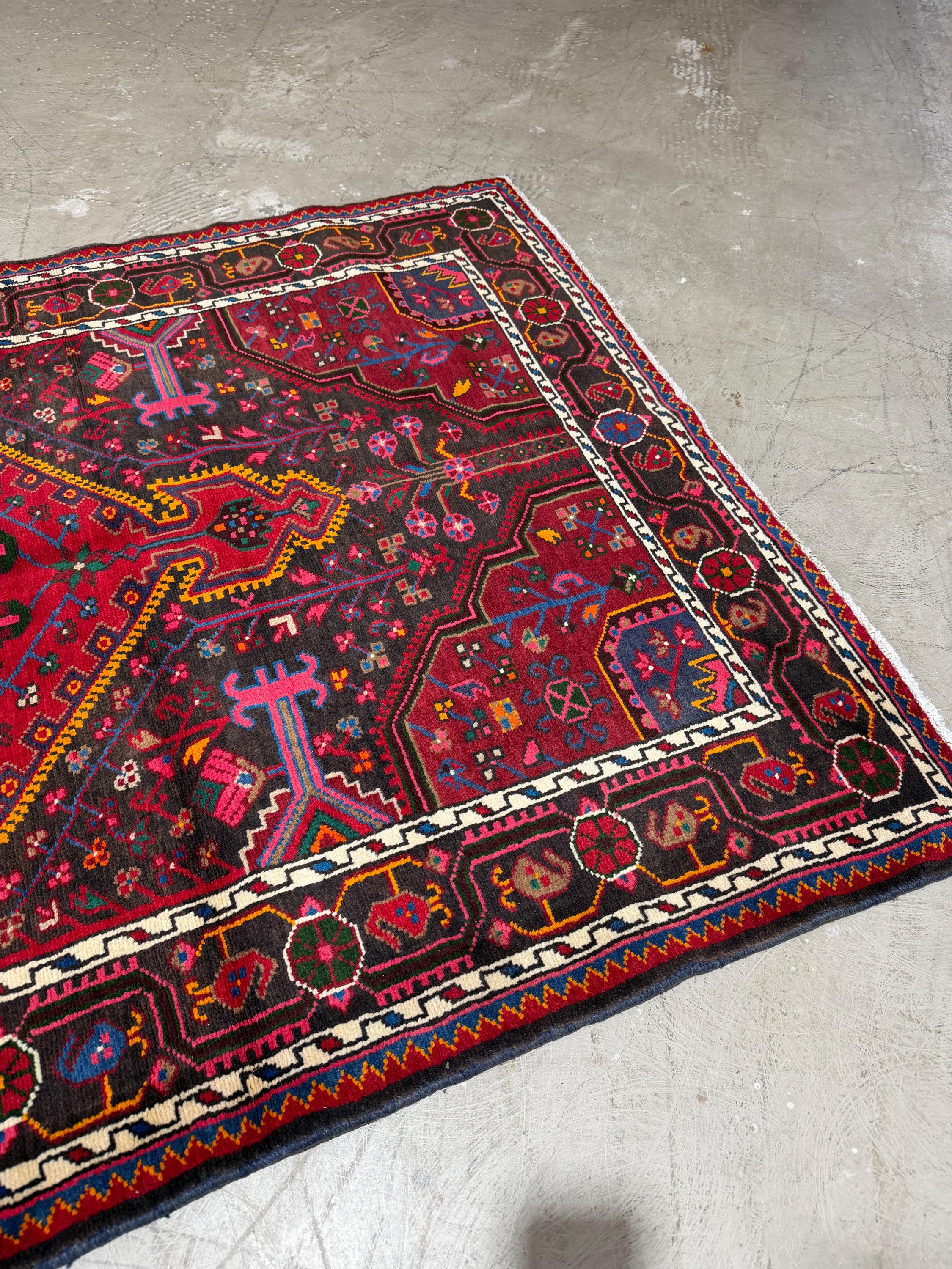 Vintage Hand Knotted Persian Nahavand Geometric Floral Design Large Runner Rug, Pink, Red and Black 12.10’ x 3.10’
