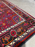 Vintage Hand Knotted Persian Nahavand Geometric Floral Design Large Runner Rug, Pink, Red and Black 12.10’ x 3.10’